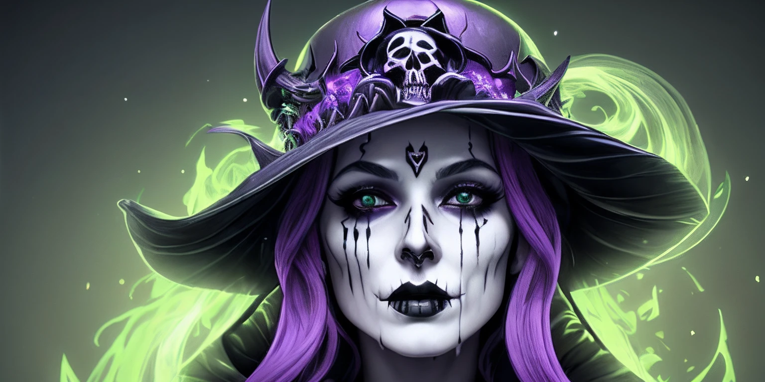 a full body purple dark skull ghost with a large purple dark dress, wearing a big pointed witch hat, with no arms, no legs, floating in the air