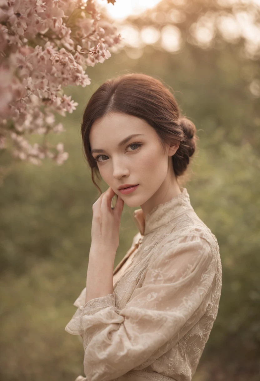 A woman with a countenance of overcoming in a calm and tranquil environment