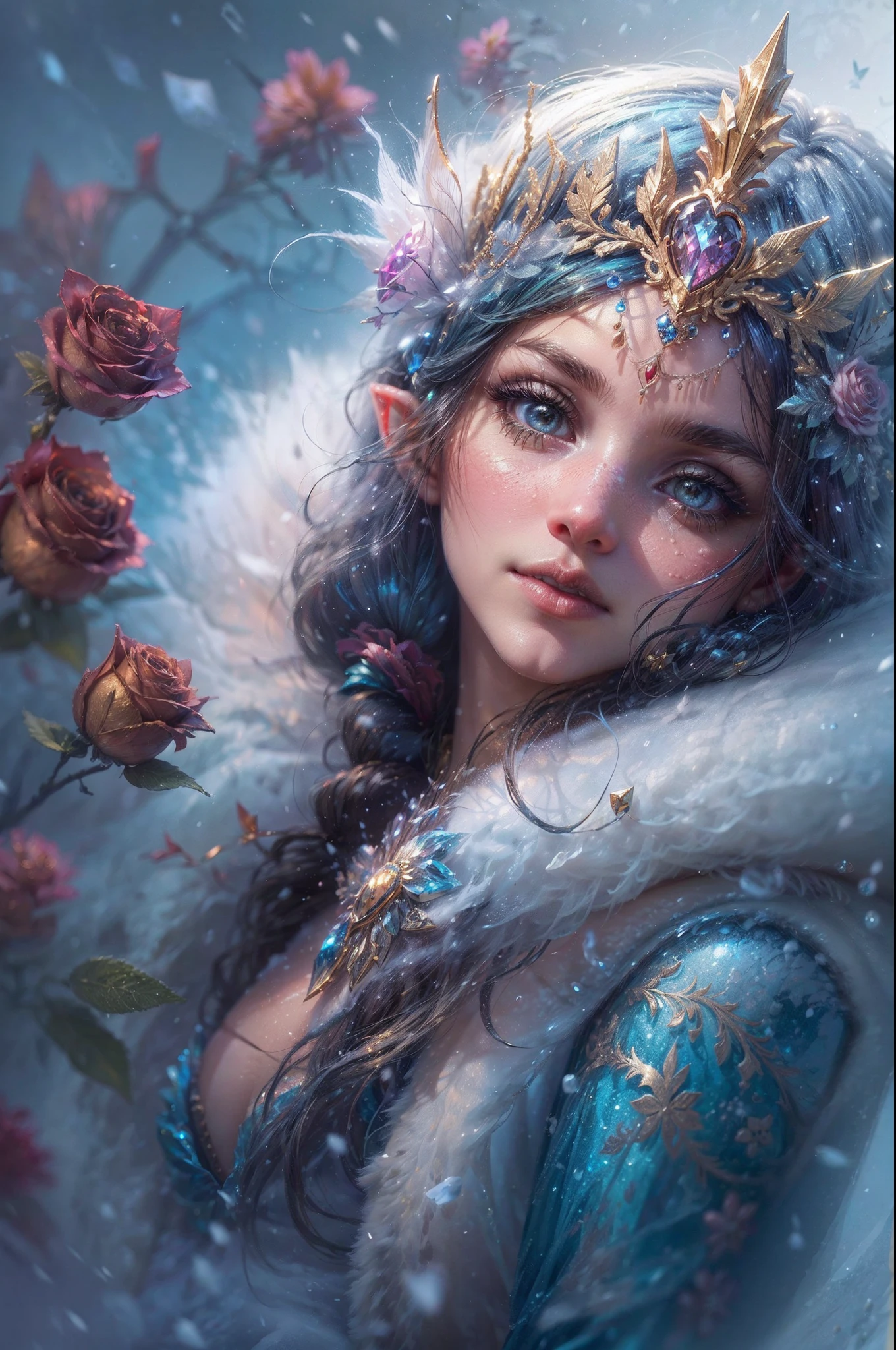 This is a realistic fantasy artwork taking place in a subzero cold winter landscape. Generate a stately, elegant, and graceful (((Pocahontas))) elf in a magical world of stunning gilded roses with multicolors and shimmering ice glittering in the light. Her face is elegant and middle-aged and includes realistic shading, incredibly detailed and distinct features, ((soft puffy and kissable mouth with a defined cupid's bow)), and (realistic eyes). (Her eyes are important) and should be (beautiful detailed eyes with macro details), realistic details, and a shifting array of beautiful blue colors. Her clothes should be delicately spun from weightless, airy, and expensive gossamer silk with delicate and very subtle floral embroidery, (((many warm layers))), and a variety of complementary colors as well as lots of luxurious fur. Her breasts are subtle and her clothing is very warm and heavy. This image is incredibly creative and emphasizes the beautiful detail of the gilded roses and the pure snow on the ornate ice. Include beautiful detailed snowflakes, icy air, and magical doves. Include pebbles, stones, bumps, glitter, and iridescence. Camera: Utilize dynamic composition techniques to draw the viewer into the scene. Lighting: Enhance the glitter of the snow and ice and emphasize the fantasy winter aspect of the image. Take inspiration from top masters of the genre and trending Midjourney and ArtStation art.