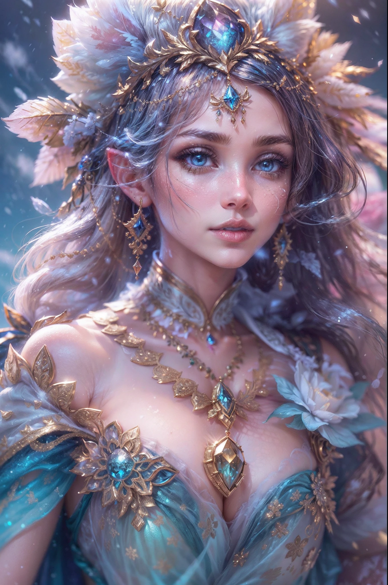 This is a realistic fantasy artwork taking place in a subzero cold winter landscape. Generate a stately, elegant, and graceful (((Pocahontas))) elf in a magical world of stunning gilded roses with multicolors and shimmering ice glittering in the light. Her face is elegant and middle-aged and includes realistic shading, incredibly detailed and distinct features, ((soft puffy and kissable mouth with a defined cupid's bow)), and (realistic eyes). (Her eyes are important) and should be (beautiful detailed eyes with macro details), realistic details, and a shifting array of beautiful blue colors. Her clothes should be delicately spun from weightless, airy, and expensive gossamer silk with delicate and very subtle floral embroidery, (((many warm layers))), and a variety of complementary colors as well as lots of luxurious fur. Her breasts are subtle and her clothing is very warm and heavy. This image is incredibly creative and emphasizes the beautiful detail of the gilded roses and the pure snow on the ornate ice. Include beautiful detailed snowflakes, icy air, and magical doves. Include pebbles, stones, bumps, glitter, and iridescence. Camera: Utilize dynamic composition techniques to draw the viewer into the scene. Lighting: Enhance the glitter of the snow and ice and emphasize the fantasy winter aspect of the image. Take inspiration from top masters of the genre and trending Midjourney and ArtStation art.