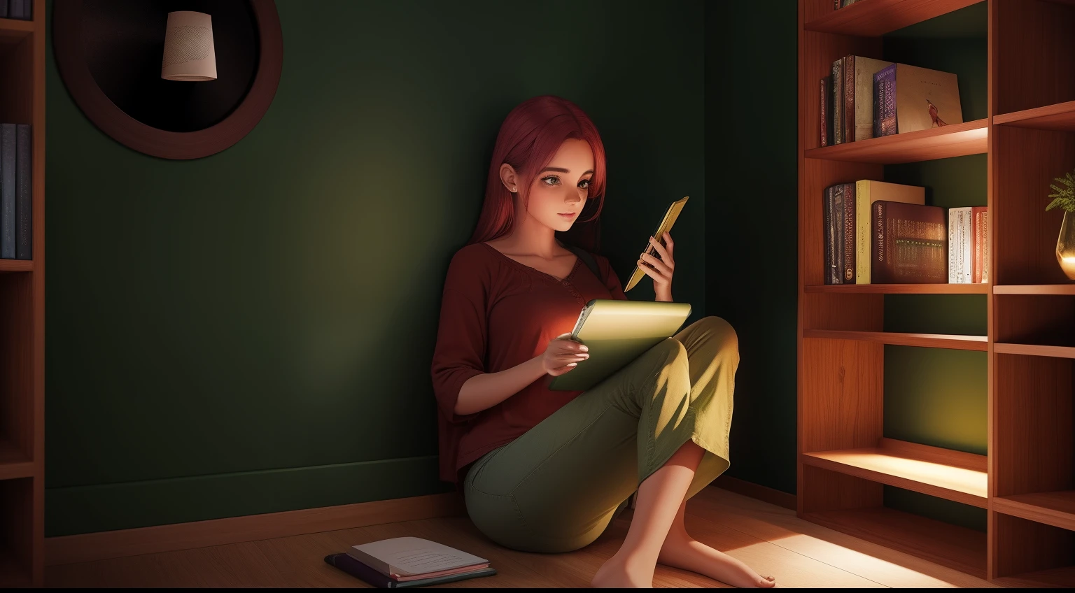 menina linda dos olhos verdes e cabelos vermelhos estudando a noite em seu quarto usando fone de ouvido, Pleasant environment with shelves and books, LoRA, ultra HD
