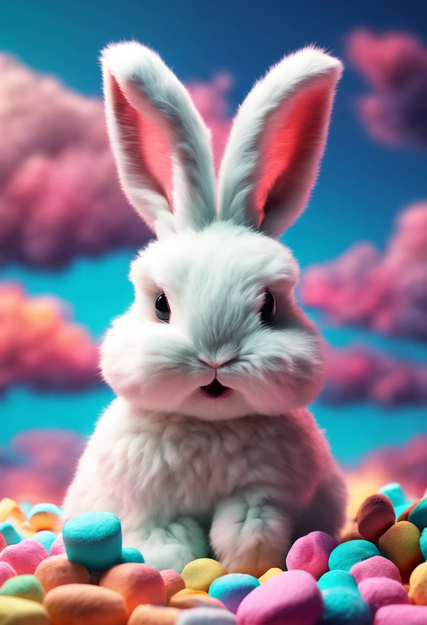 "A cute fluffy rabbit on a background of a vibrant colored sky with clouds made of colorful marshmallows, creating an ultimate HD picture quality."