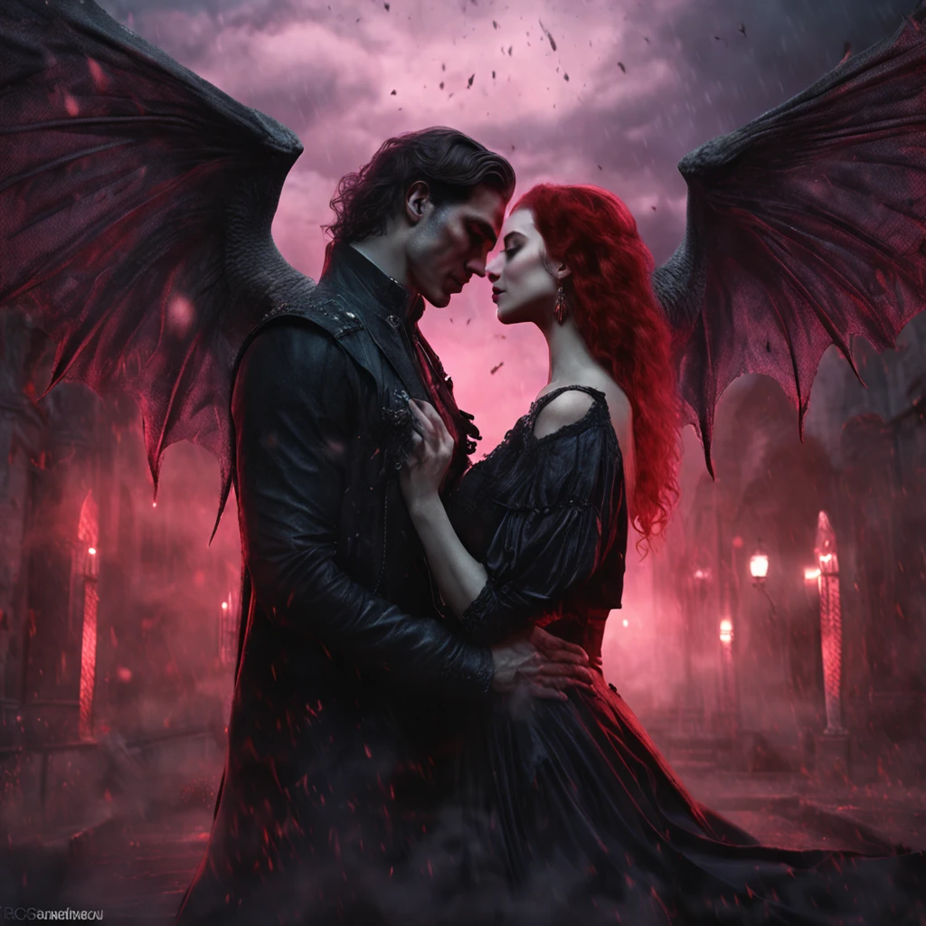 there is a Vampire man and Vampire woman making love in front of a dark sky, eros and thanatos, urban fantasy romance book cover, darius zawadzki and tom bagshaw, inspired by Magali Villeneuve, romance novel cover, romance fantasy movie, vampires fantasy, wlop and andrei riabovitchev, (((charlie bowater))) and tom bagshaw, gothic romance, (((NSFW))), (((Uncovered Female))), (((Exposed))), (((Disrobed male))), (((Passionate kissing))), (((Raining)))