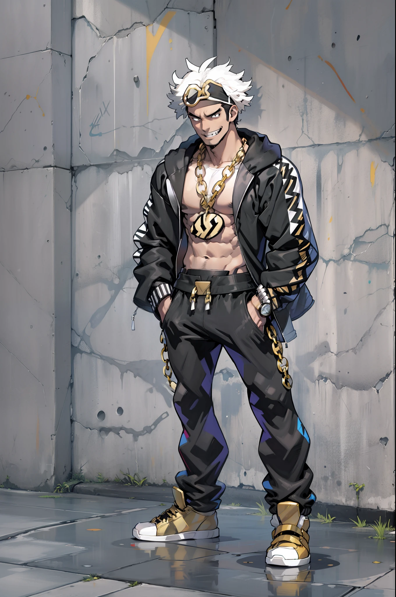 masterpiece, best quality, guzma \(pokemon\), smile, slouching, Muscular body, imposing body,Imposing appearance, muscular arms, muscular legs, only body, trapezoid torso, sturdy body, muscular body, defined round and fleshy pecs, defined washboard ABS, defined armsmuscular male,white shirt, black jacket, hoodie, black pants, gold chain, graffiti, concrete, standing, slouch, bent over,