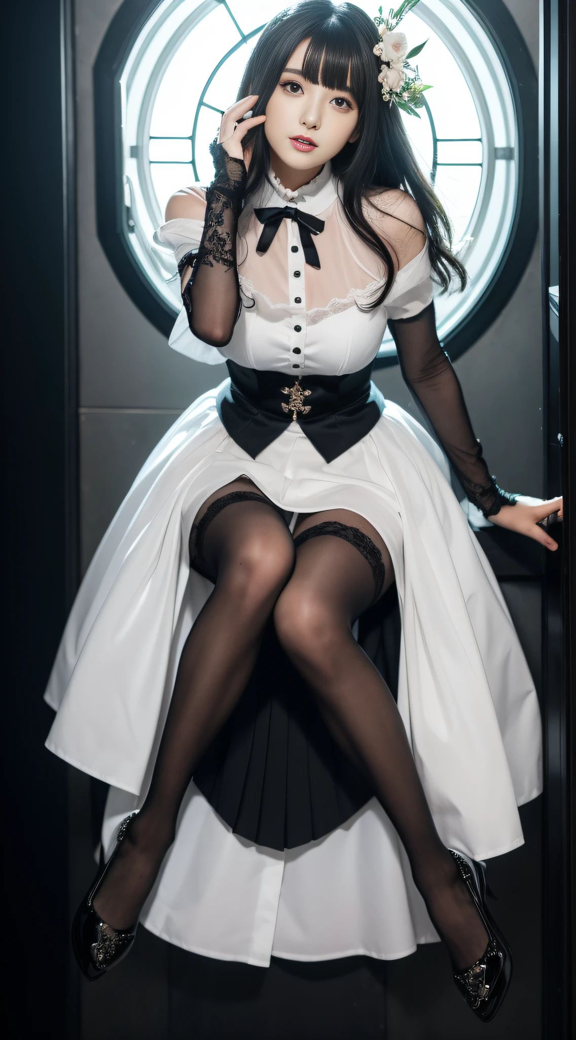 ((top quality, 8k, masterpiece: 1.3)), 1 girl, beauty: 1.2, (random hairstyle), ((maid)), (gaze at the loved one), super detailed face, detailed eyes, double eyelids, long hair, (((large)), correct anatomy, perfect body, standing, long legs, red lips, medium chest, high heels, black stockings