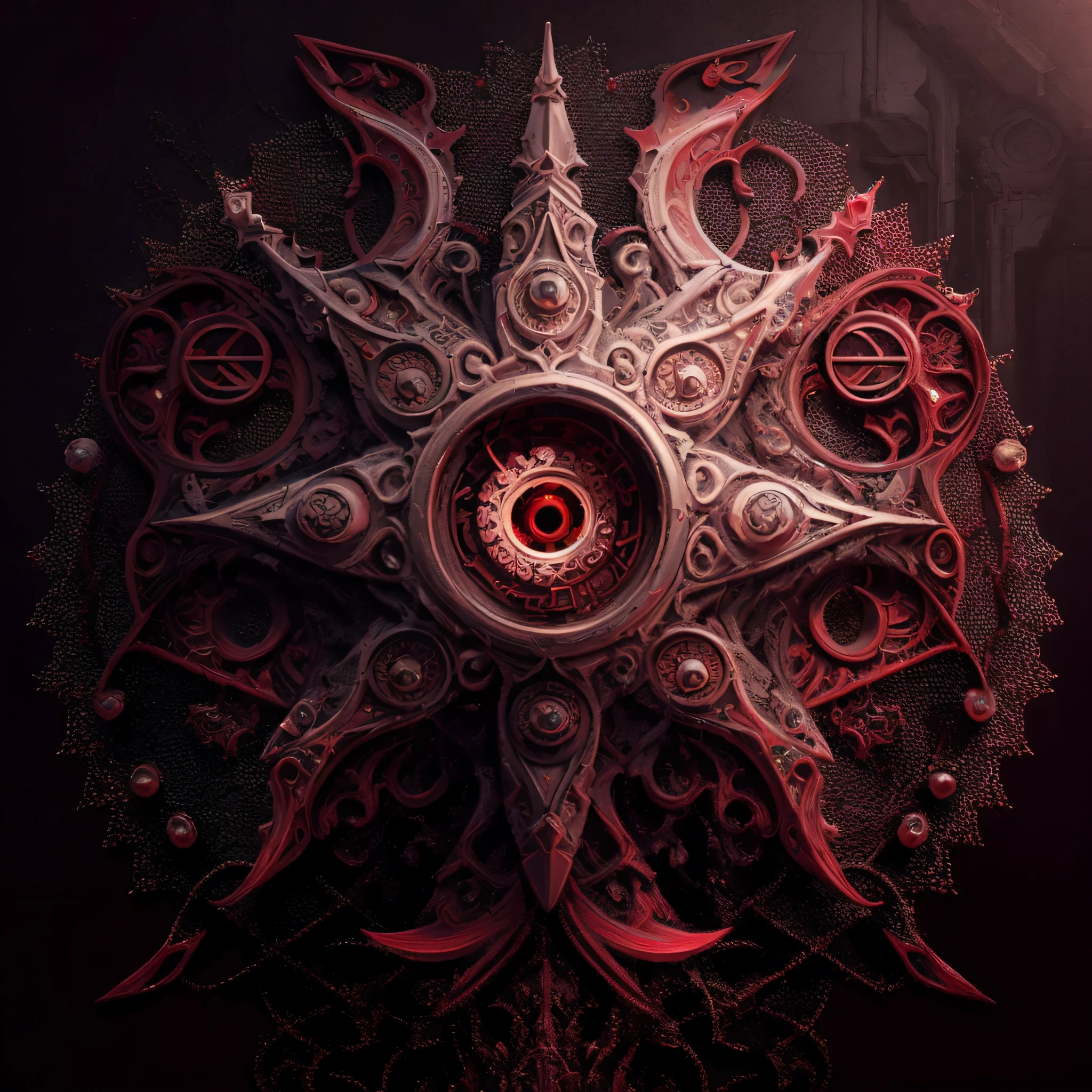 there is a very intricate design on the wall of a building, symmetrical epic fantasy art, andrei riabovitchev symmetrical, dark but detailed digital art, red biomechanical details, ornamental gothic - cyberpunk, red biomechanical, intricate artwork. octane render, by Aleksander Kobzdej, godmachine, awarded on cgsociety