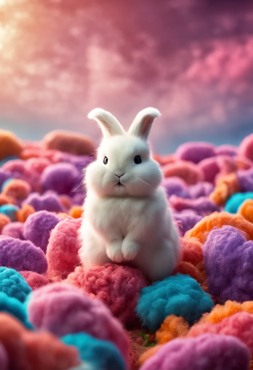 A fluffy rabbit,extremely cute,Colored sky as background,Clouds of colorful marshmallows as decoration,Ultimate HD picture quality