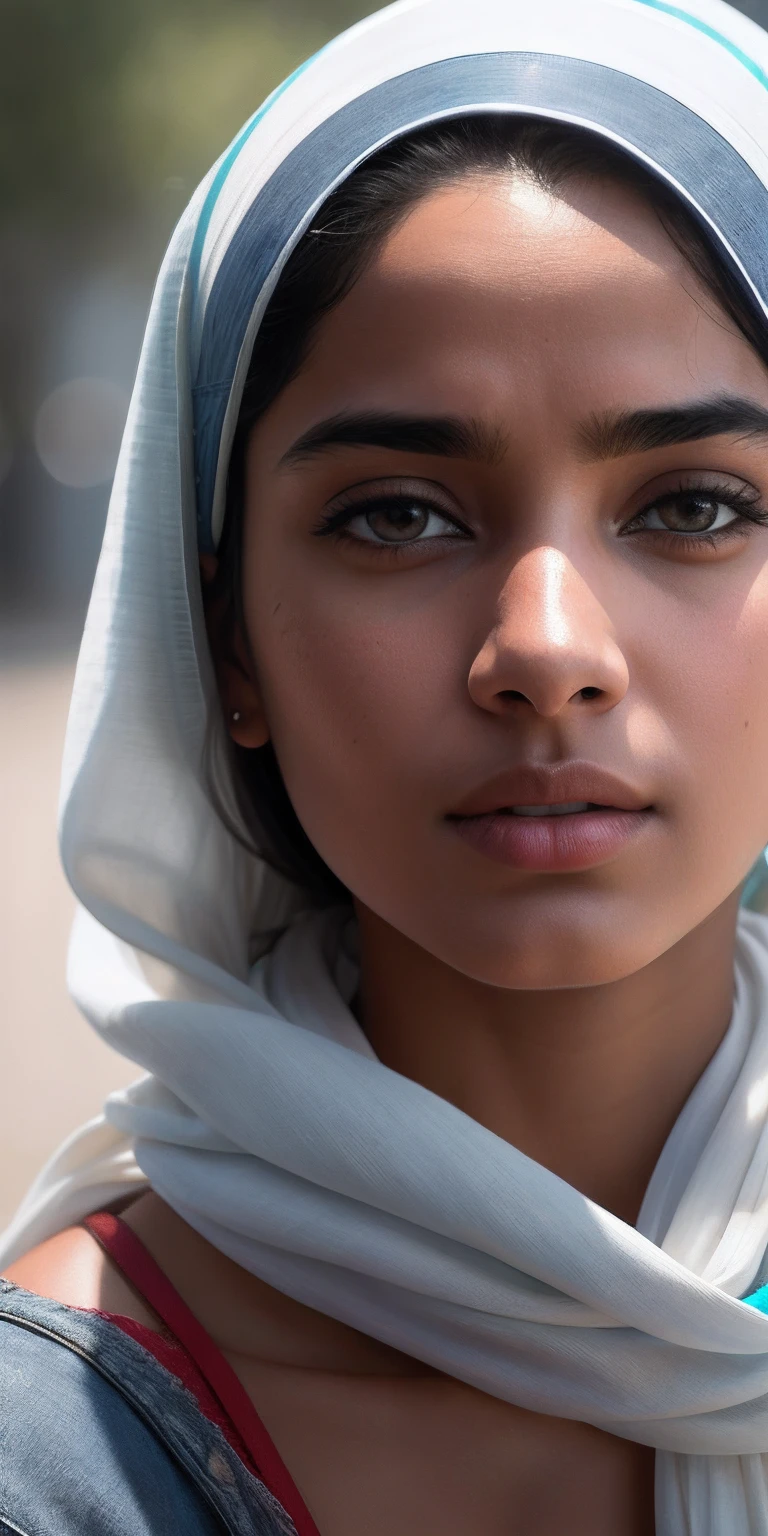 beautiful mature Indian college girl,in white tshirt and blue jeans wearing a full hijab, straight-looking face, eyes looking straight, only face and hijab visible, zoom in to face, photorealistic, photo, masterpiece, realistic, realism, photorealism, high contrast, photorealistic digital art trending on Artstation 8k HD high definition detailed realistic, detailed, skin texture, hyper detailed, realistic skin texture, armature, best quality, ultra high res, (photorealistic:1.4),, high resolution, detailed, raw photo, sharp re, by lee jeffries nikon d850 film stock photograph 4 kodak portra 400 camera f1.6 lens rich colors hyper realistic lifelike texture dramatic lighting unrealengine trending on artstation cinestill 800,