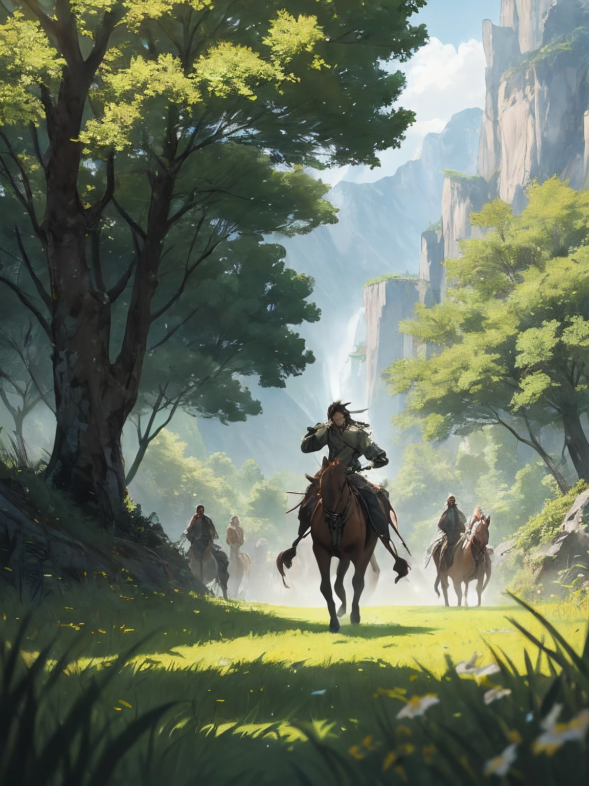 In a green meadow stands a male warrior aged 22 leading a group of knights.
BREAK
With a brave expression, he guides them towards their destination.
BREAK
Behind him, a green forest stretches out and beyond that, mountains rise in the distance.
BREAK
The most suitable effect for this scene would be a watercolor painting technique to capture the softness of the meadow and the fluidity of the movement.