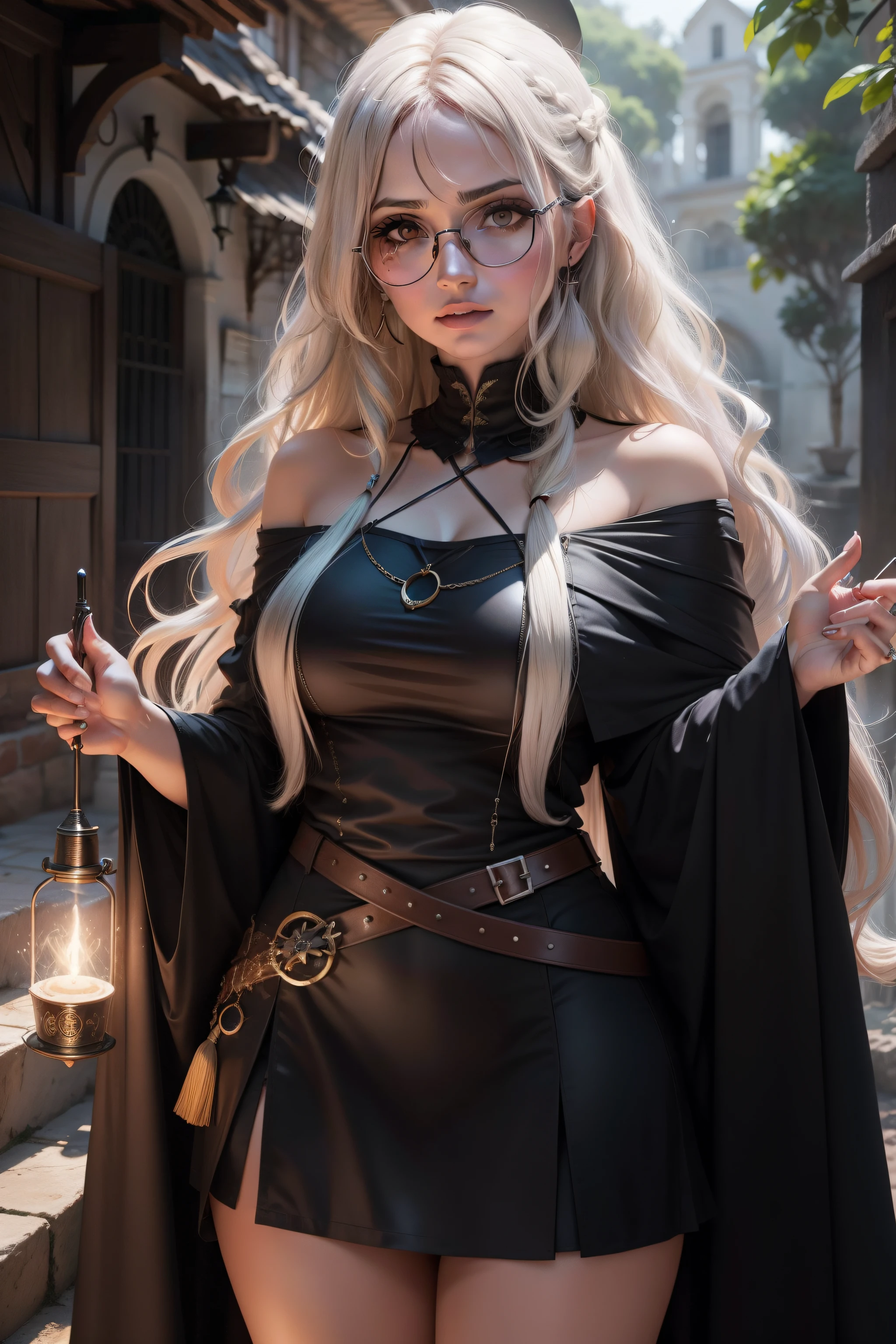 Woman in red hat and glasses holding a book,silver hair,she wears Harry Potter glasses, Maya Ali as D&D sorceress, holding spell book, dressed as witch, D&D magician, wearing a red wizard hat.