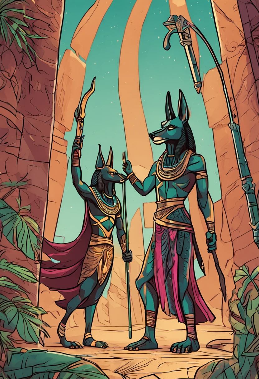 God Anubis with a staff coming out fire in the right hand and the emerald book in the left hand