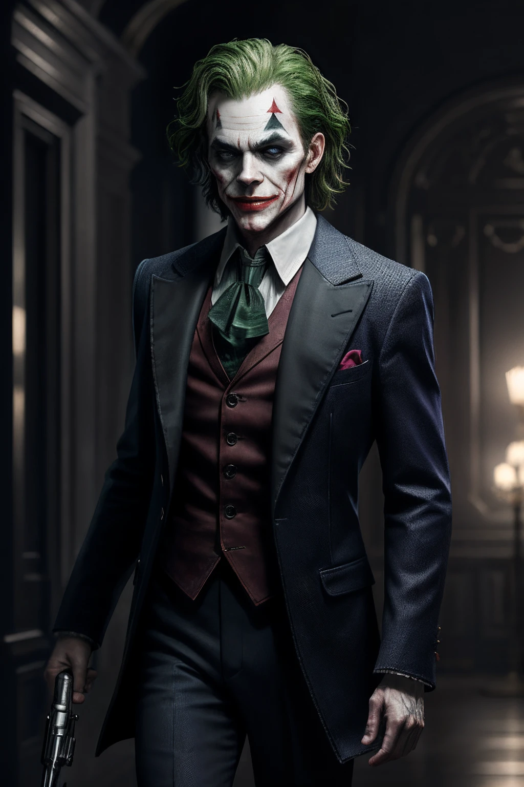 (8k, RAW photo, best quality, masterpiece:1.2), ultra detailed, official art, photo-realistic:1.37, upper body shot, DC Joker, film grain, action pose