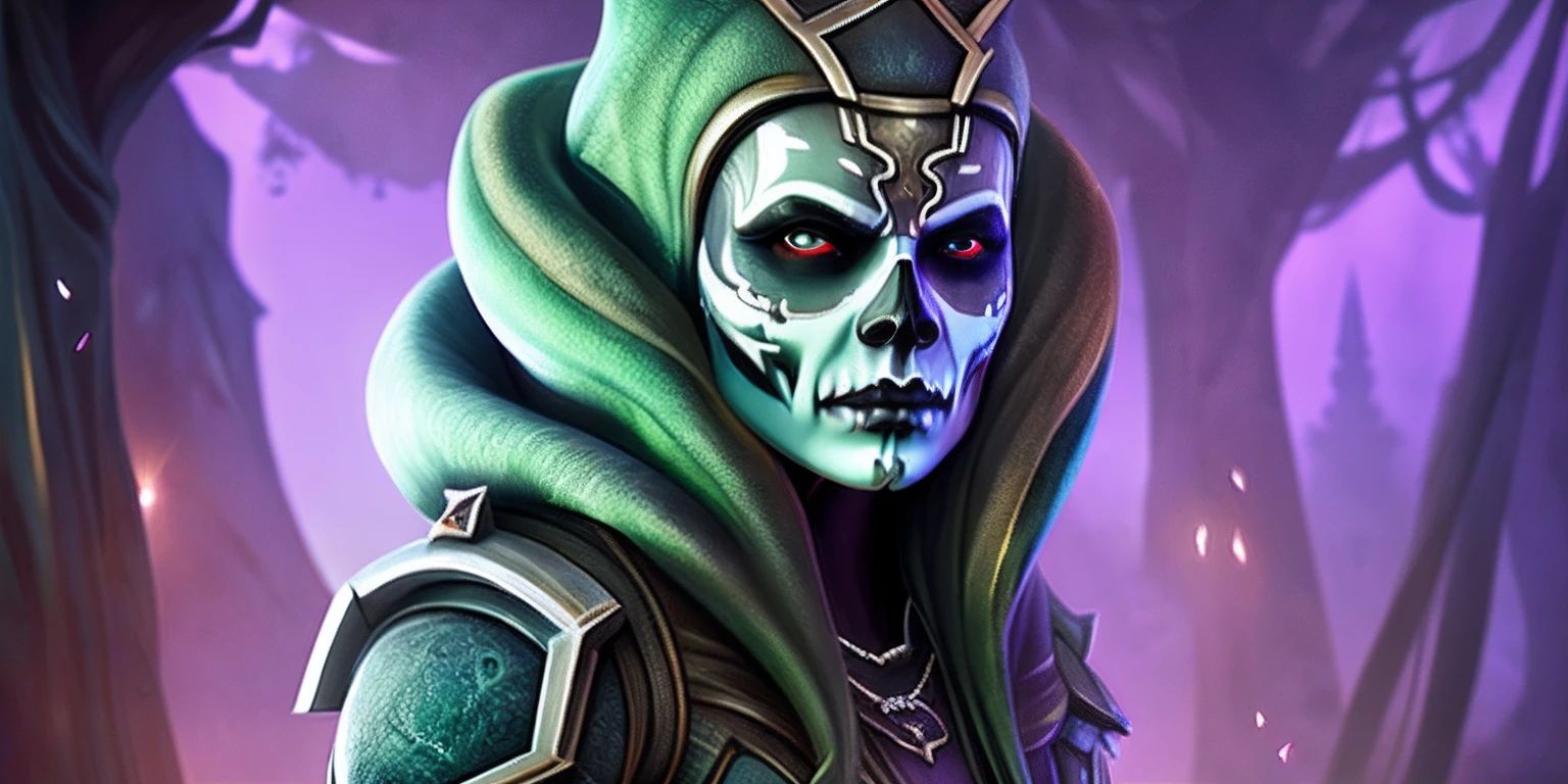 there is a skull with a hood and a hat on it, purple slime, lots of slime, slimy, close-up portrait goddess skull, goddess of death,blue, green slime, saint skeleton queen, queen of death, unreal engine render + a goddess, portrait of the god of death, artstation 4k, the angel of death with a halo, scary queen of death, beautiful male god of death