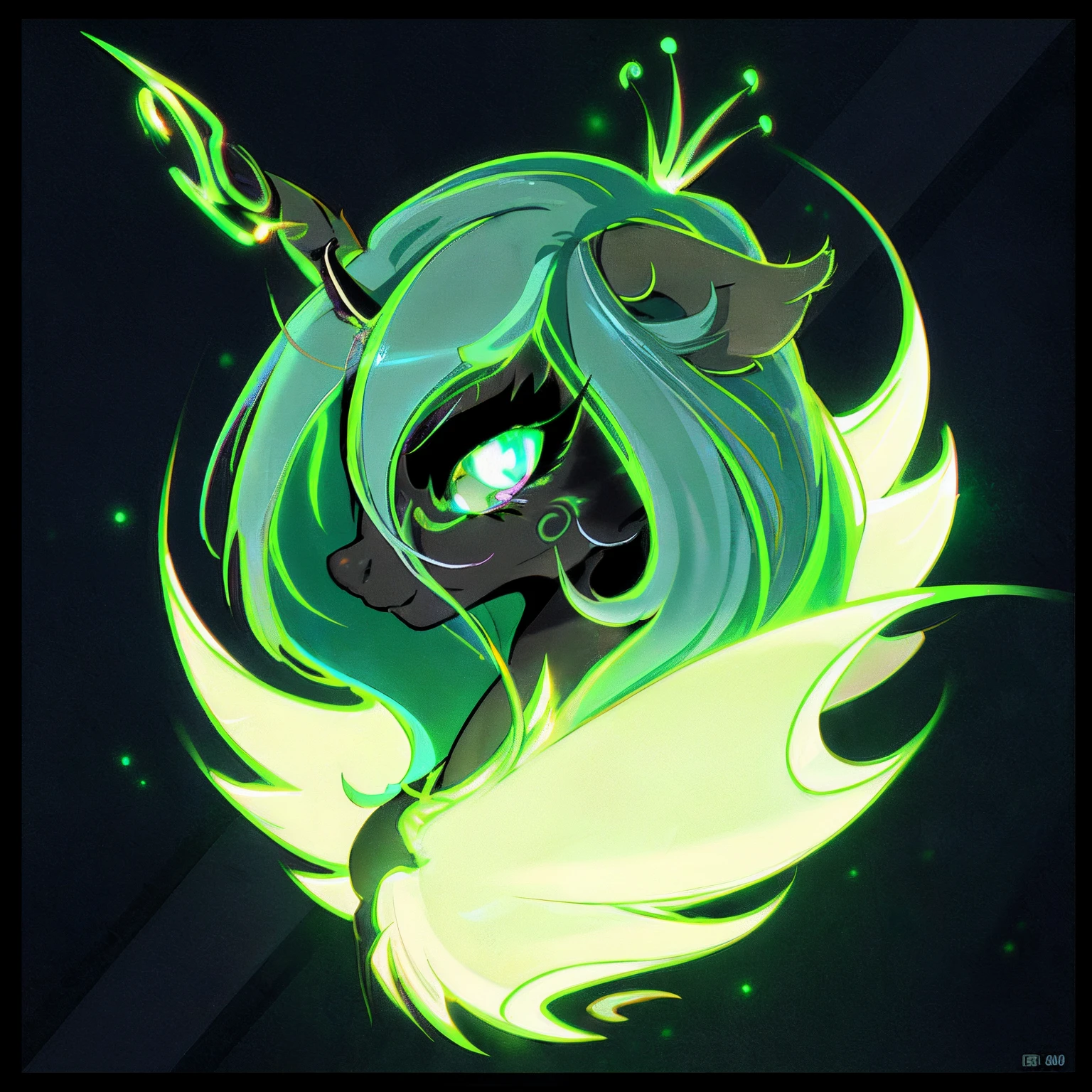 Close-up of cartoon pony with green hair, Green mane, neon hooves, Shifter, MLP Fan Art, A glowing aura around her, Adorable glowing creature, glowing in the dark, Glowing Hair, Glowing Green Soul Blade, dolly, glowing black aura, Glowing green, Magic glow, commission for high res, glowing aura, oc commission