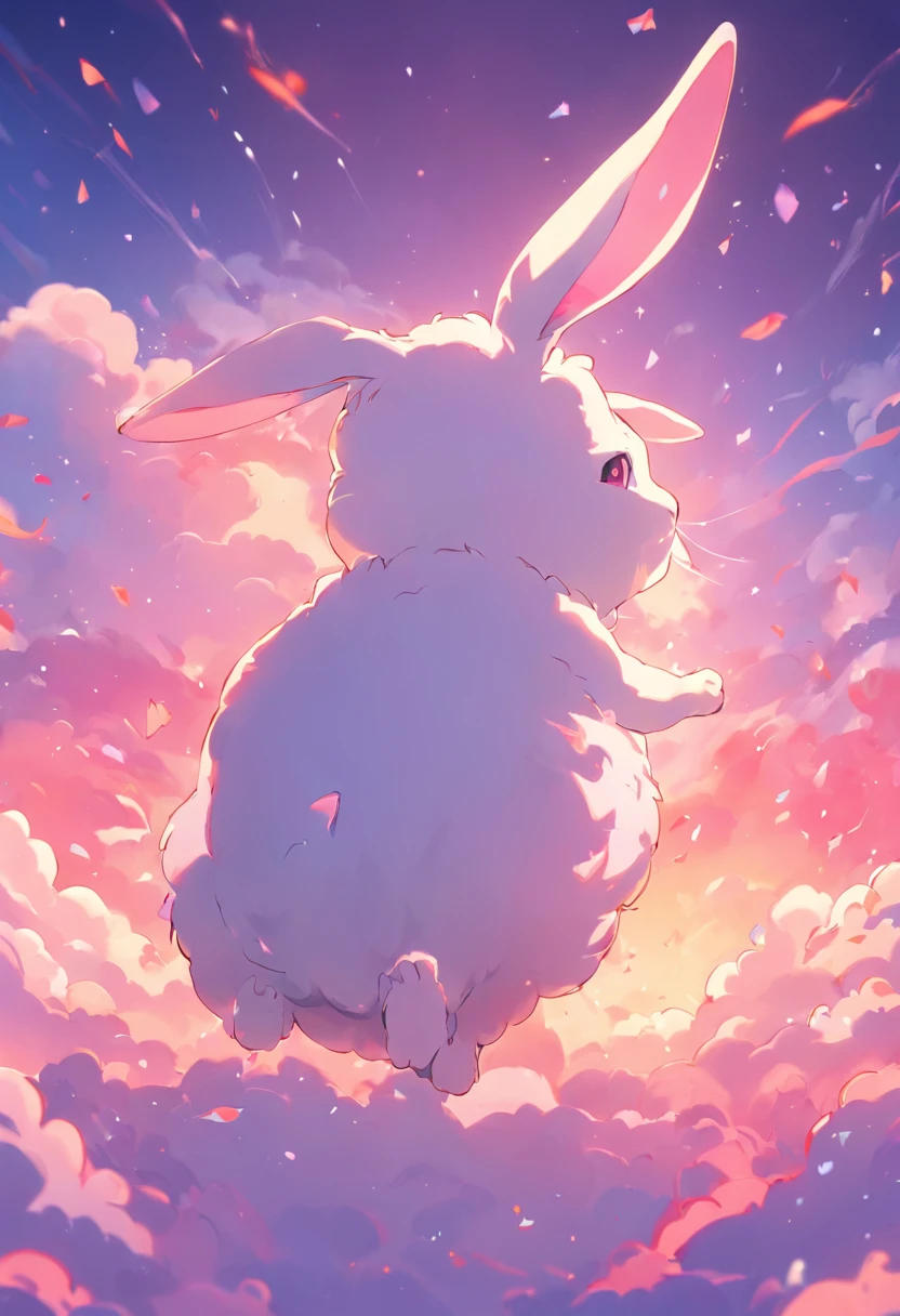 A fluffy rabbit，extremely cute，Colored sky as background，Clouds of colorful marshmallows as decoration，Ultimate HD picture quality