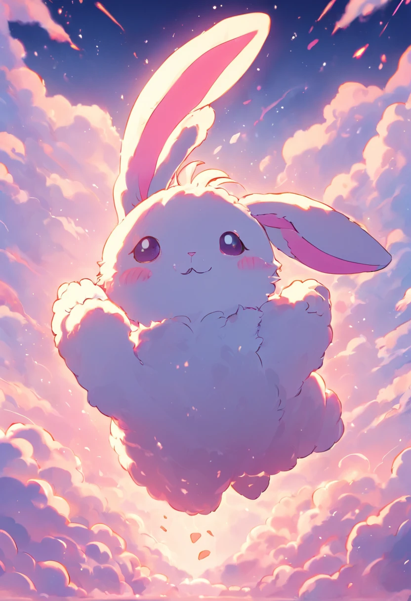 A fluffy rabbit，extremely cute，Colored sky as background，Clouds of colorful marshmallows as decoration，Ultimate HD picture quality