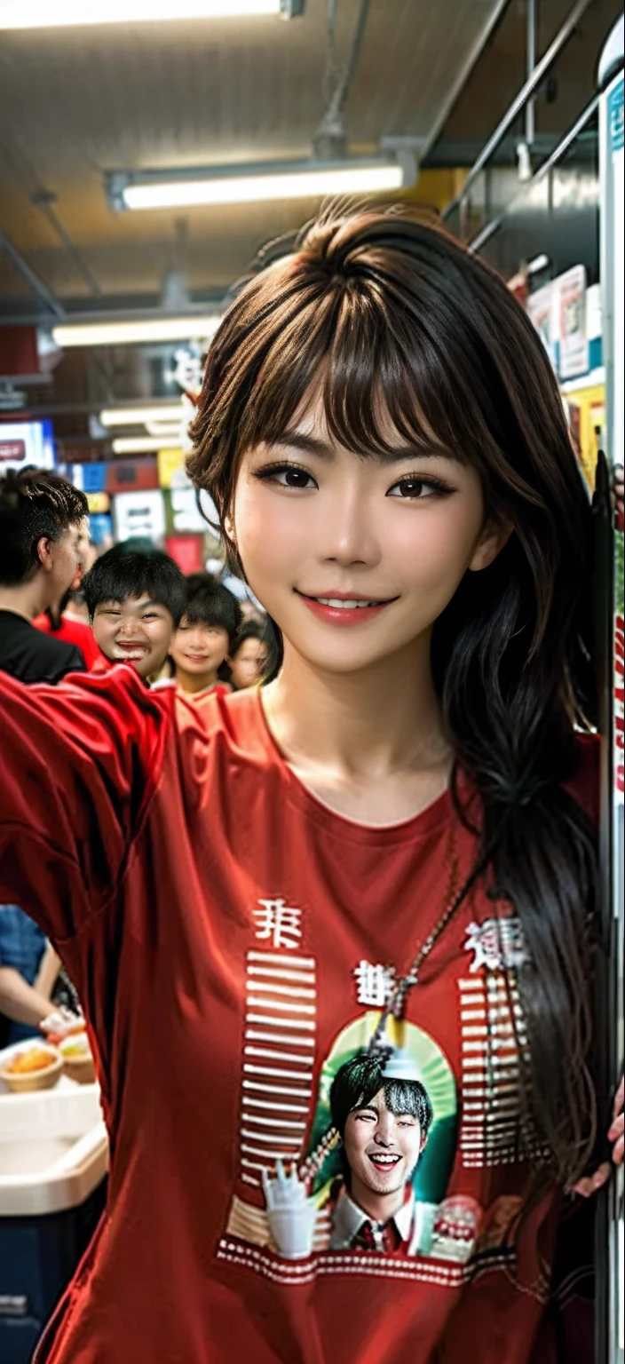 smiling woman in red shirt standing in front of a metal rail, happily smiling at the camera, handsome chad chin, emmanuel shiu, with a happy expression, he is smiling, ryan jia, yihao ren, smiling warmly, peter xiao, wenjun lin, xintong chen, yan, selfie shot straight on angle, christopher cao, very slightly smiling and falling