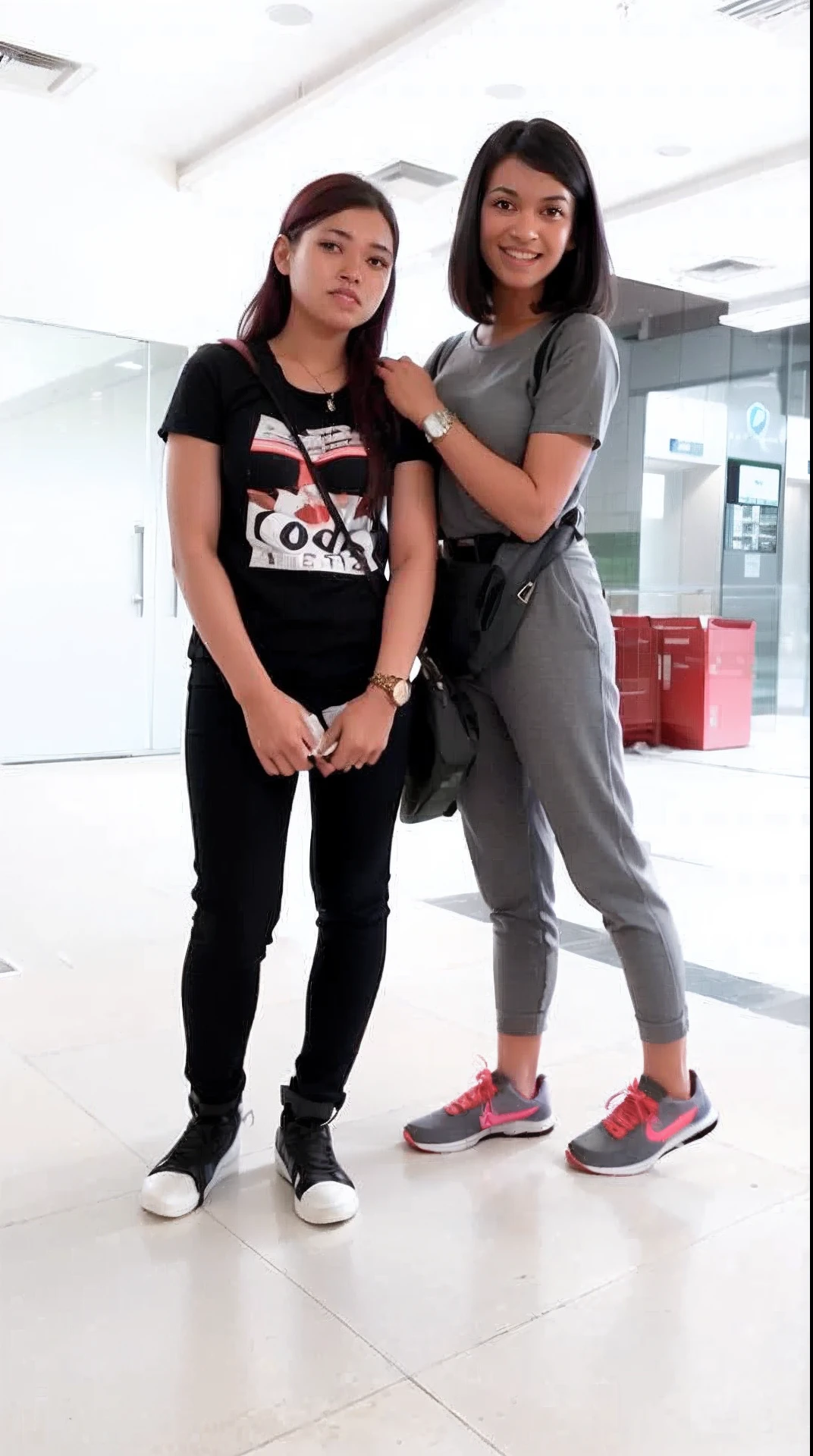 two women standing next to each other in a building, with her long, tall and slim, scandy and arender, with fashion clothe, sporty, very tall, slim and tall, tall and slim figured, full body length, full body full height, with a twin, with black, high quality upload, with height, women full body, casual