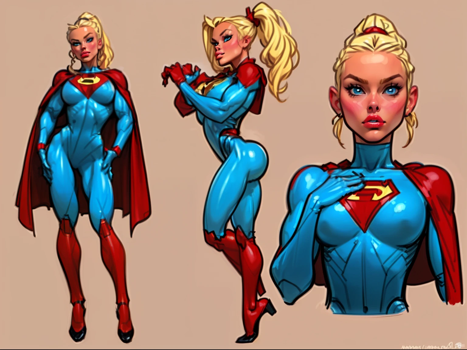 ((masterpiece)),(((best quality))),((character design sheet)), ((full body view)) illustration,1girl, muscular, ((blue bodysuit:1.5)), superhero, (blonde ponytail:1.4), (red cape:1.4) ((detailed face:1.4)) beautiful woman, (red thighhighs:1.3)shiny skin, (gold emblem on chest:1.2),scribbles and marks, (puffy lips:1.5), rough sketches, pose, 8k,16k, (simple background, white background: 1.3)