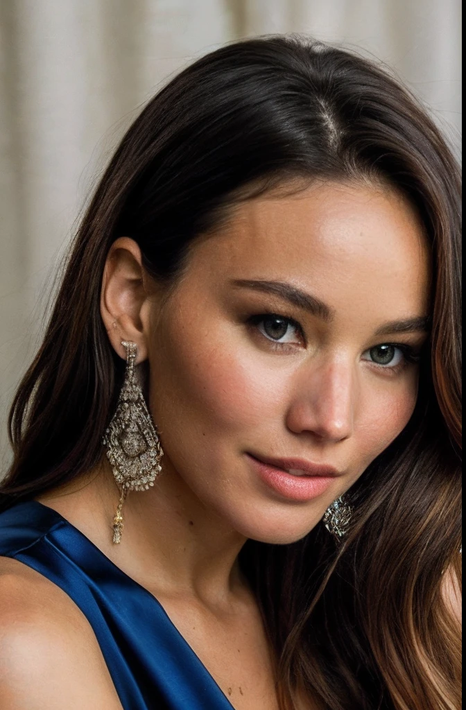 highly detailed portrait of the most beautiful woman posing elegantly, charming and sexy, insanely detailed most beautiful face with cheek dimples!!, big jewelry, light brown hair, face like "combination of Gisele Bundchen’s and Jennifer Lawrence’s and Jennifer Hawkings’s faces"