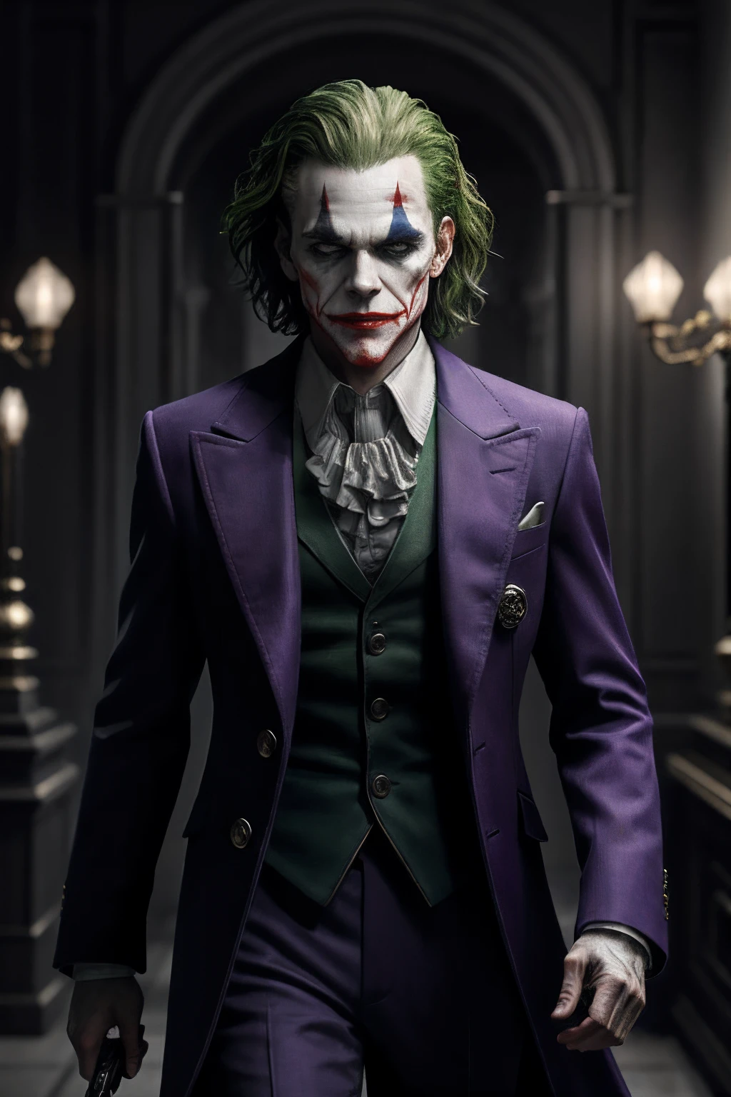 (8k, RAW photo, best quality, masterpiece:1.2), ultra detailed, official art, photo-realistic:1.37, upper body shot, DC Joker, film grain, action pose