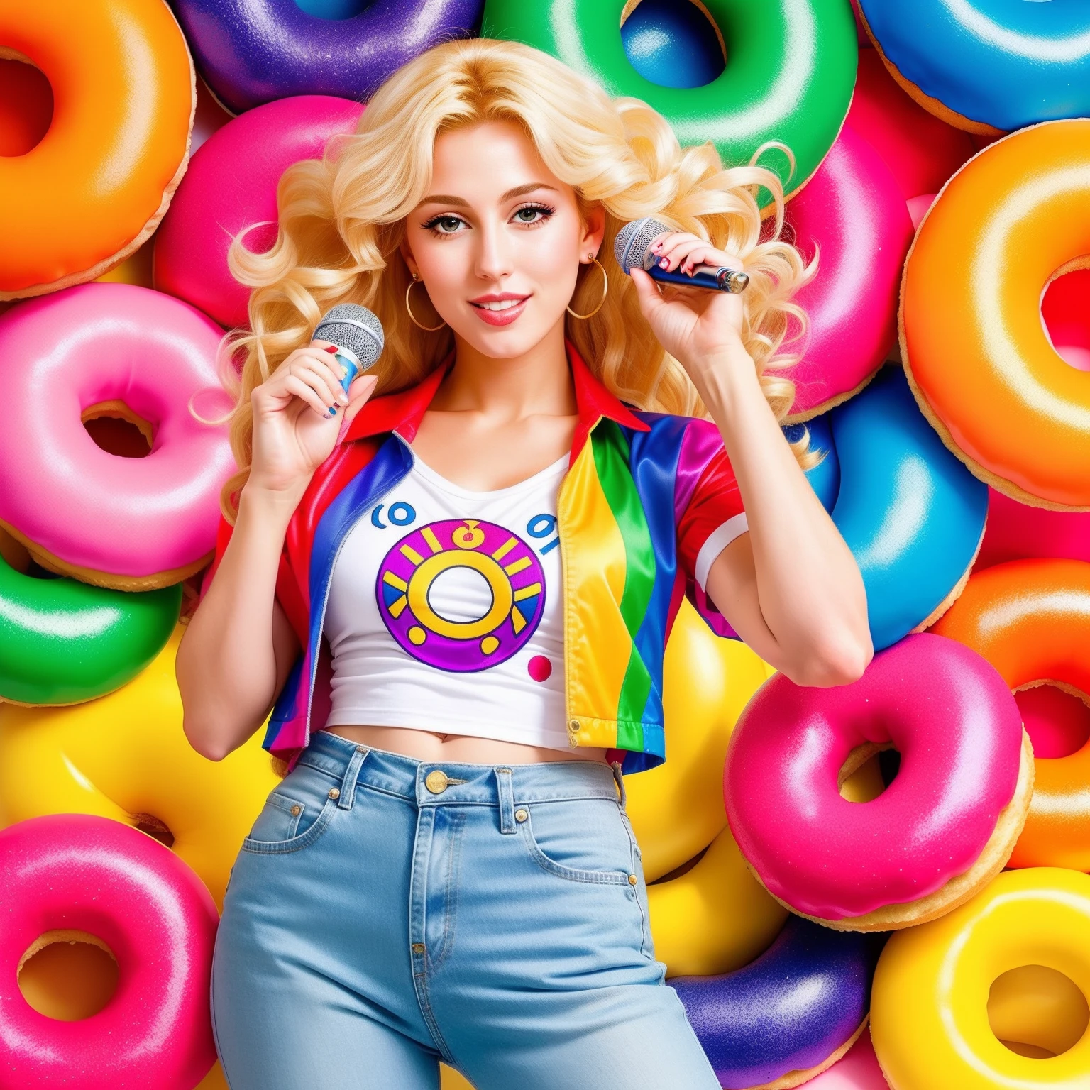 "(Mature and realistic portrayal:1.2) Sailor Moon exuding confidence as she holds a microphone, her blonde hair cascading down, adorned in stylish rainbow denim clothes from the 2000s, with a backdrop filled with donuts."