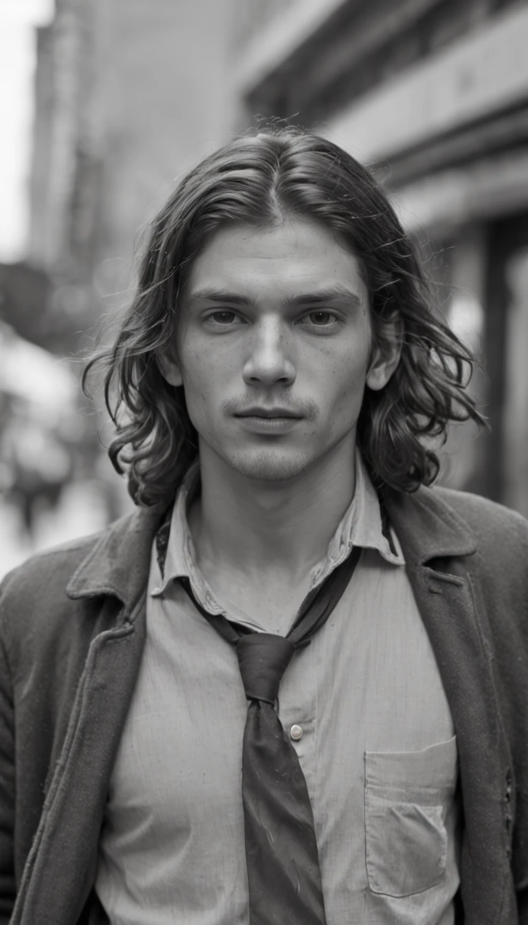 portrait of a young disheveled man strolling along a bustling avenue, captivating gaze, impoverished aura, captured on vintage ilfordPAN film, emphasizing the rich texture of film grain, invoking the nostalgic ambiance of the 1930s.