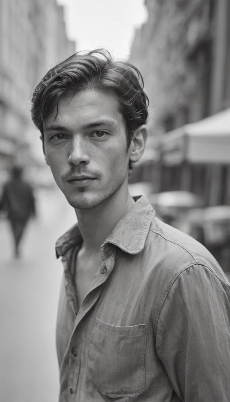 portrait of a young disheveled man strolling along a bustling avenue, captivating gaze, impoverished aura, captured on vintage ilfordPAN film, emphasizing the rich texture of film grain, invoking the nostalgic ambiance of the 1930s.