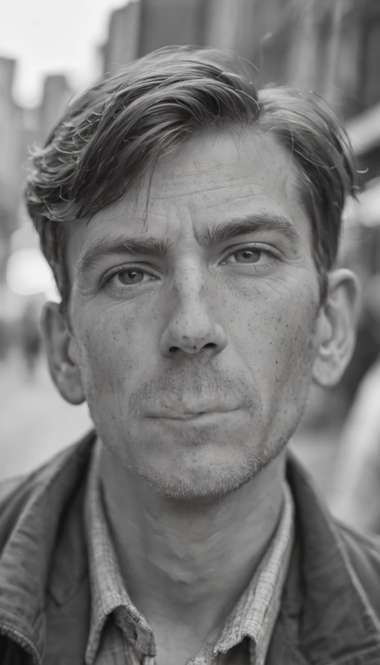 portrait of a young disheveled man strolling along a bustling avenue, captivating gaze, impoverished aura, captured on vintage ilfordPAN film, emphasizing the rich texture of film grain, invoking the nostalgic ambiance of the 1930s.