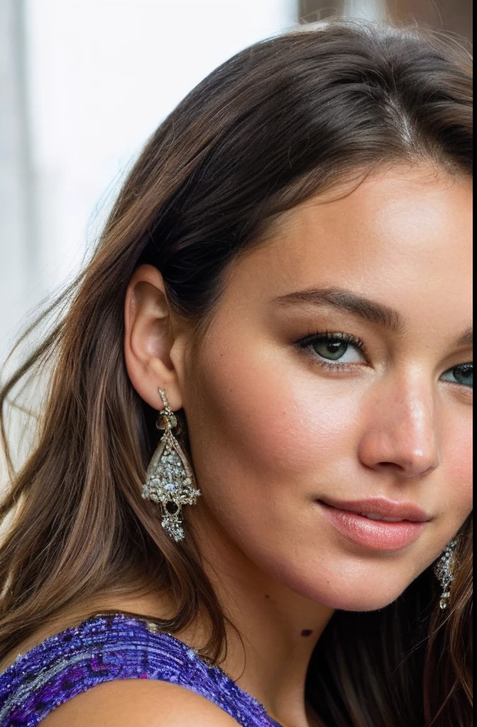 highly detailed portrait of the most beautiful woman posing elegantly, charming and sexy, insanely detailed most beautiful face with cheek dimples!!, big jewelry, light brown hair, face like "combination of Gisele Bundchen’s and Jennifer Lawrence’s and Jennifer Hawkings’s faces"