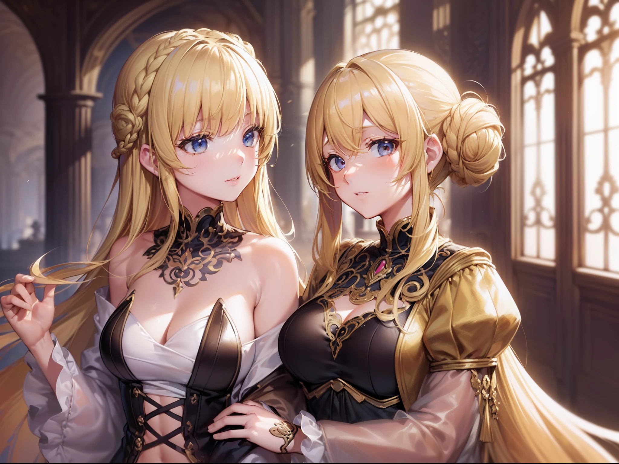 ((masutepiece)),(超A high resolution),(ultra-detailliert),Anime at its best,(Intricate and detailed palace gardens:1.4,Parti), ((femele),(Blonde hair with longitudinal rolls at the ends:1.4))