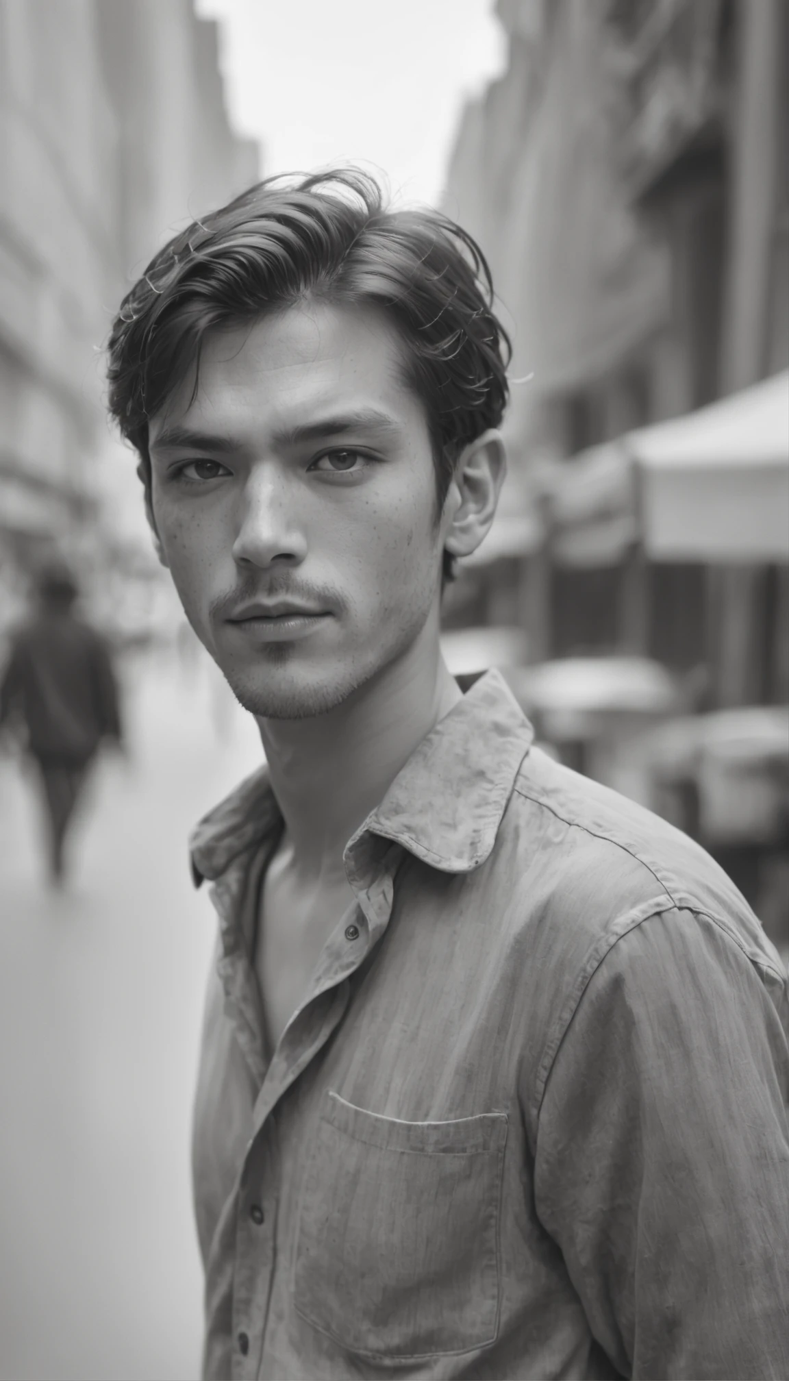 portrait of a young disheveled man strolling along a bustling avenue, captivating gaze, impoverished aura, captured on vintage ilfordPAN film, emphasizing the rich texture of film grain, invoking the nostalgic ambiance of the 1930s.