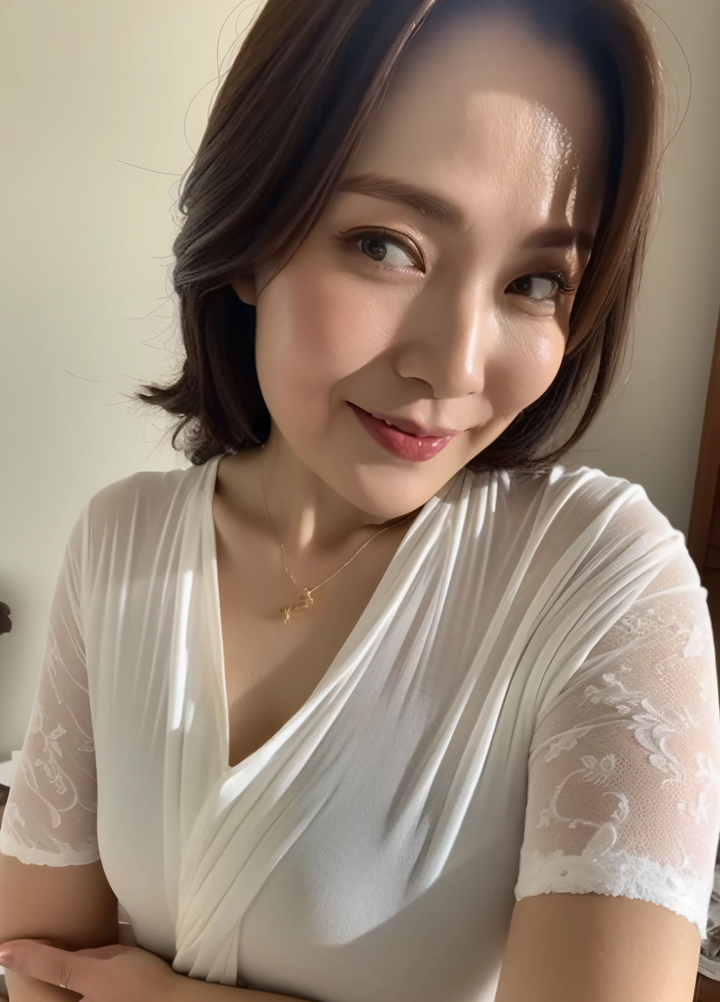 masterpiece,best quality, (milf:1), ((close up:1.3)), ((Looking at the Viewer, open mouth:0.75)), cross arms, wet white shirt, ((seductive expression)), in room