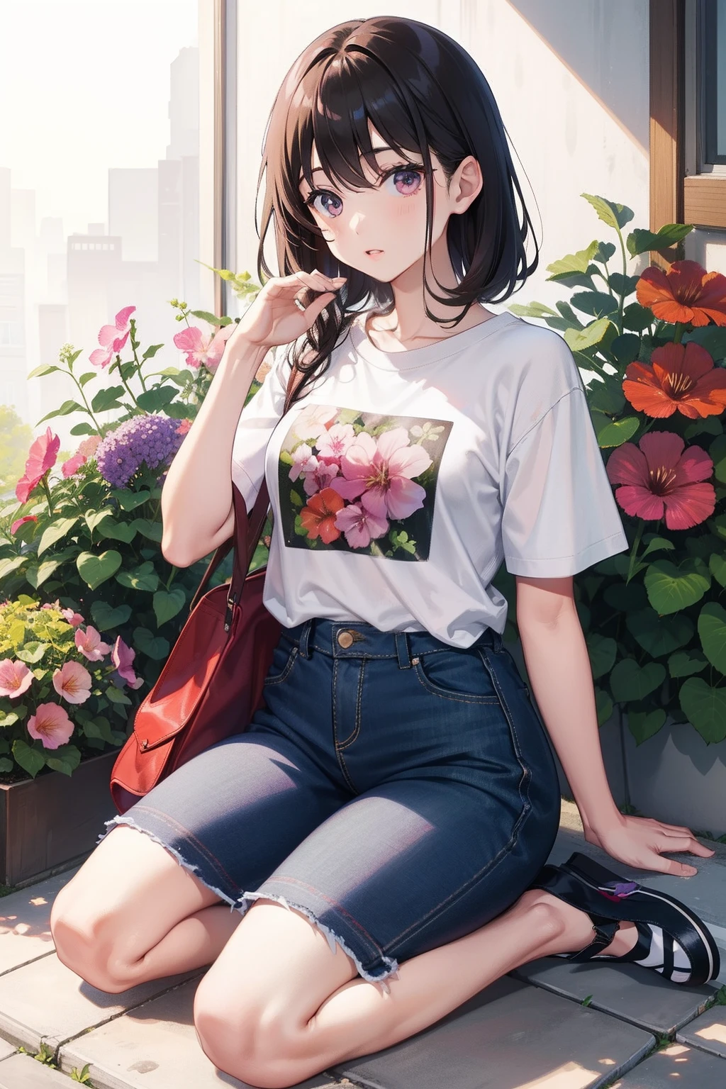tshirts JINS espadrilles Standing hollyhocks are blooming jpn male people A dark-haired