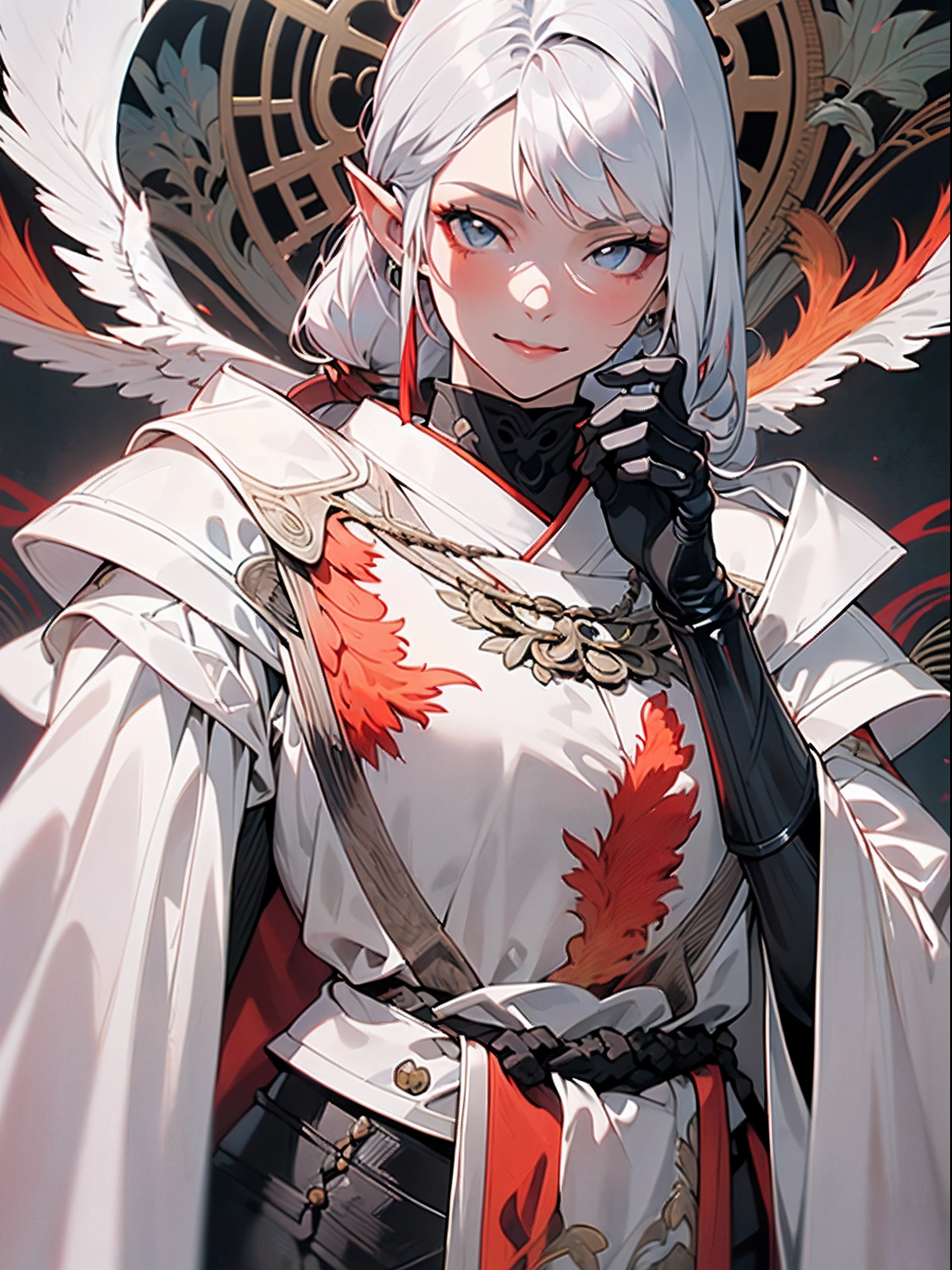 ((jpn)),((Best Quality)),((Beautifully painted)),((hight resolution)),1girl in,Beautiful Elven Daughter,((onmyouji)),((suikan)),((White cloak with red decoration)),(Bushy silver-haired ponytail),Shining eyes,(((black gauntlet and glove))),nice hand, Perfect hands,(((Beautiful Art Nouveau background with phoenix))),(armor),(face forcus),((cinematic lighting)),(smile)