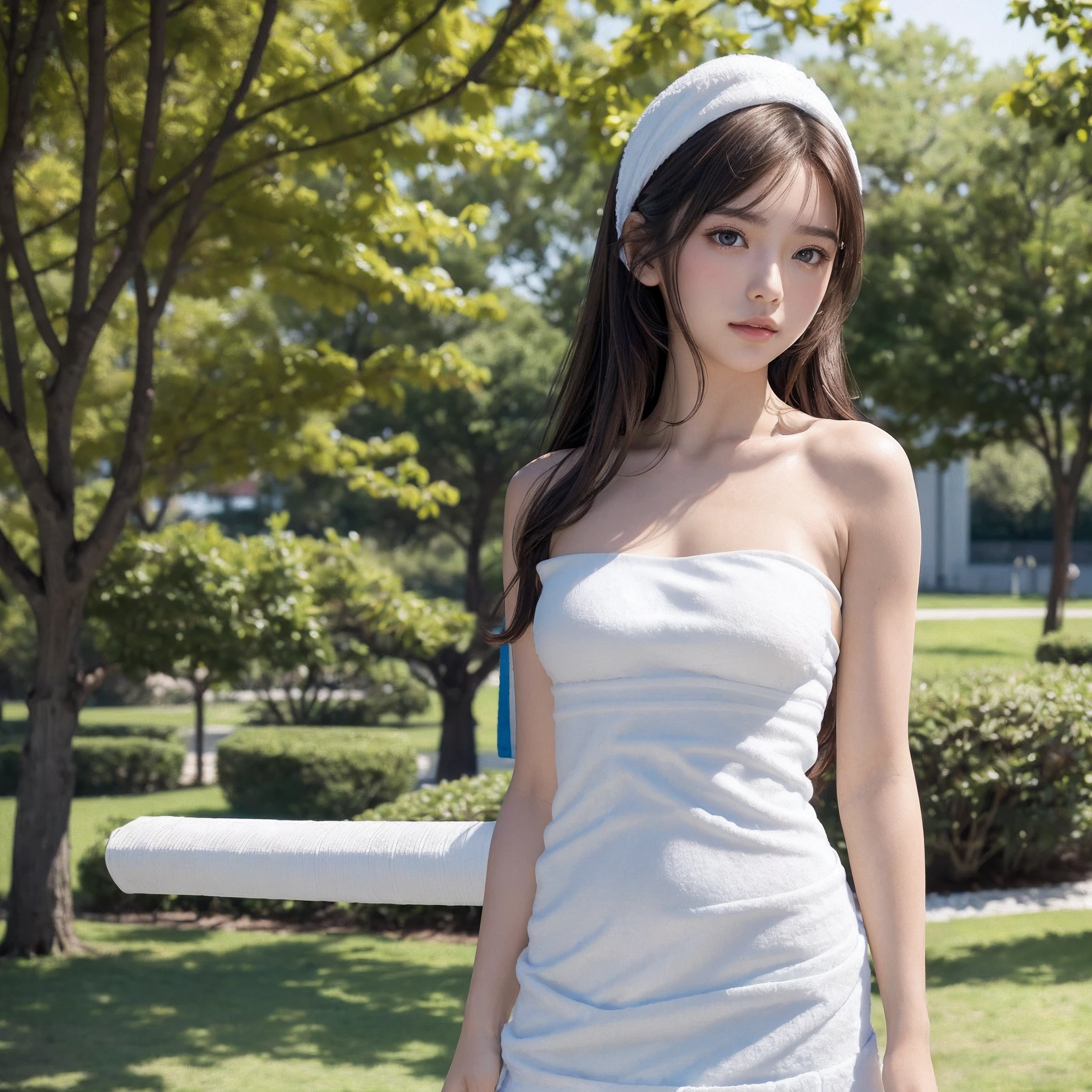 (​masterpiece), (top-quality), (white Tube top extremely small towel fabric dress:1.5), (perfect exposed shoulders:1.5), (perfect exposed nape:1.5), (blushed face:1.3), (barechested:1.3), (realistic:1.5), 1 , precise small hands, Embarrassed look, Smile, extremely cute girl, s, Shining eyes, shoulder is visible, small breast, thigh is visible, No pubic hair, The beautiful skin, ultra-definition, Top resolution, japan high school student, brown hair, in the park