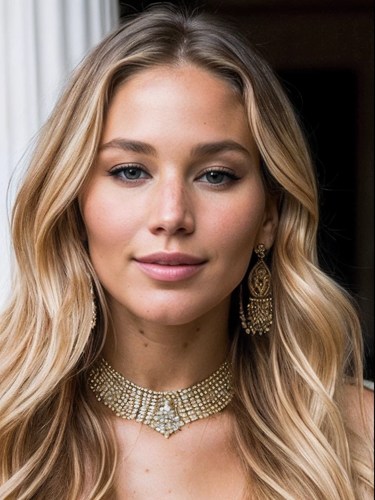 highly detailed portrait of the most beautiful woman posing elegantly, charming and sexy, insanely detailed most beautiful face with cheek dimples!!, big jewelry, flowing blonde hair, face like "combination of Gisele Bundchen’s and Jennifer Lawrence’s and Jennifer Hawkings’s faces"