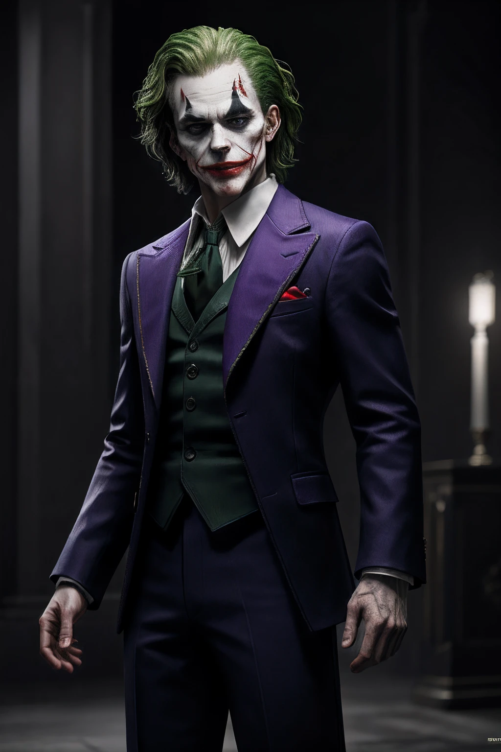 (8k, RAW photo, best quality, masterpiece:1.2), ultra detailed, official art, photo-realistic:1.37, upper body shot, DC Joker, film grain, action pose