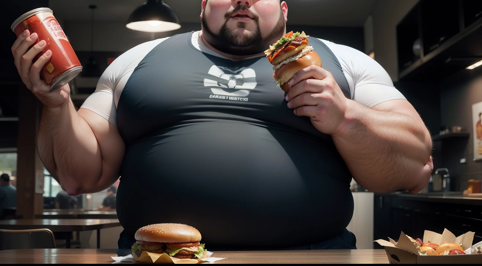 "Overweight man holding a hamburger."