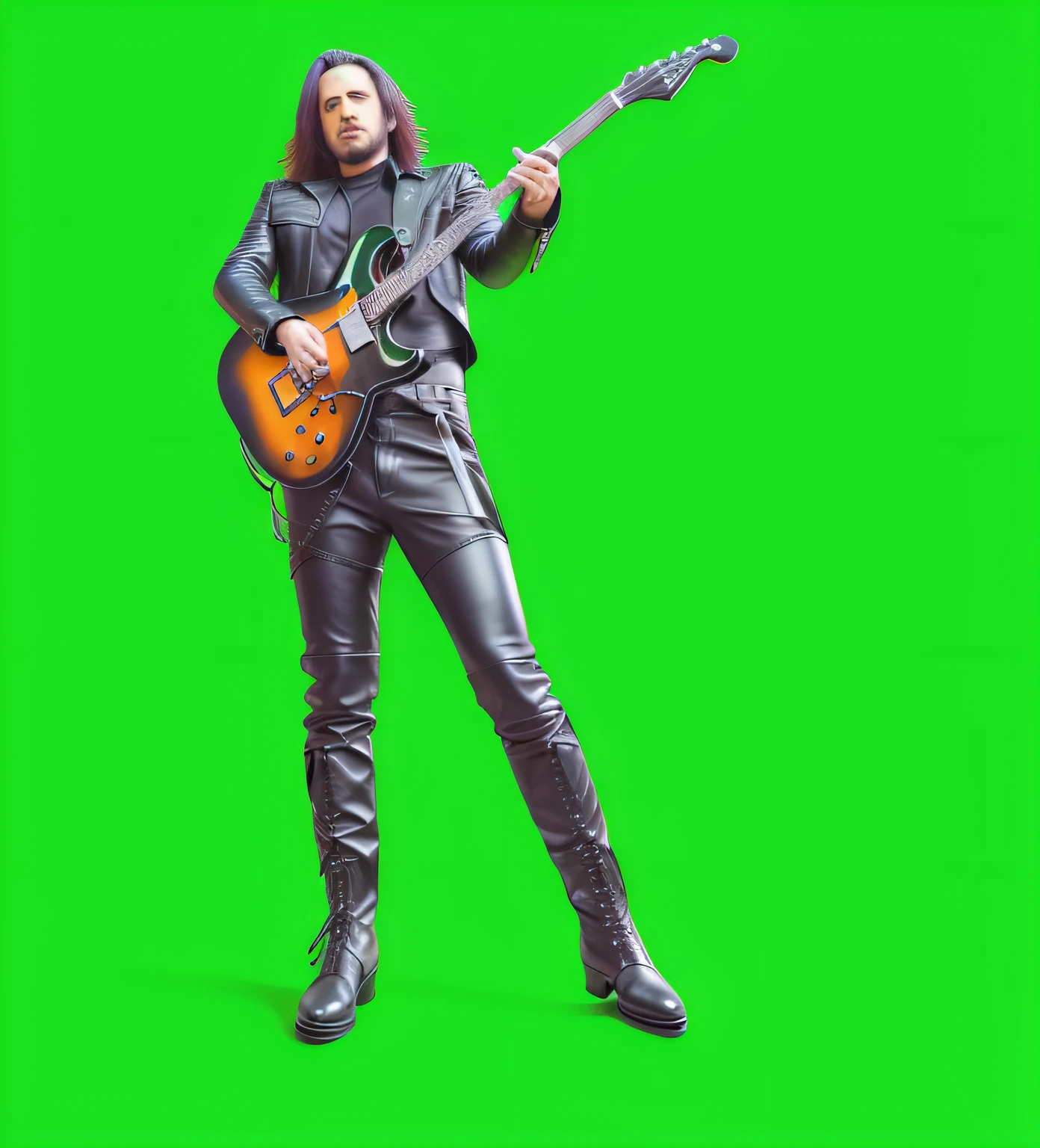 arafed man in leather pants and boots holding a guitar, green screen, green screen background, lead guitar, guitarist, solid background, photo from a promo shoot, green tone, johnny silverhand, album art, promo art, colorized background, metalhead, new album cover, metal album cover, inspired by Ren Bonian, background removed, matt mute colour background