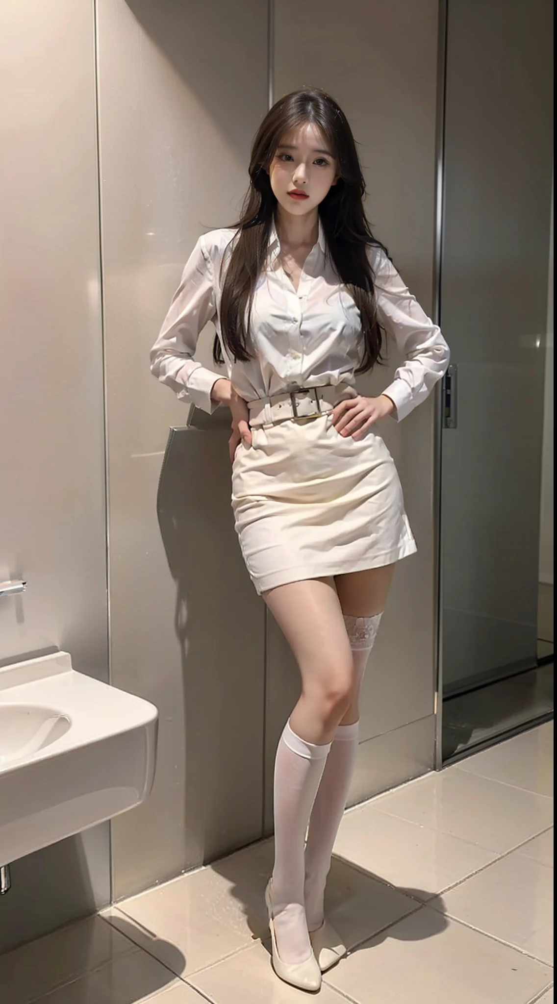 There is a woman in a skirt and a white shirt posing for a selfie with an iPhone in the mirror, thighhighs and skirt, wearing dresses, pale milky white porcelain skin, Wear skirts and suspenders, Sling high black stockings stockings beautiful face with arms and legs, extremely pale, legs visible, leg and thigh shot, wearing white skirt, transparent gray skirts, wearing honey - themed miniskirt, thigh close-up