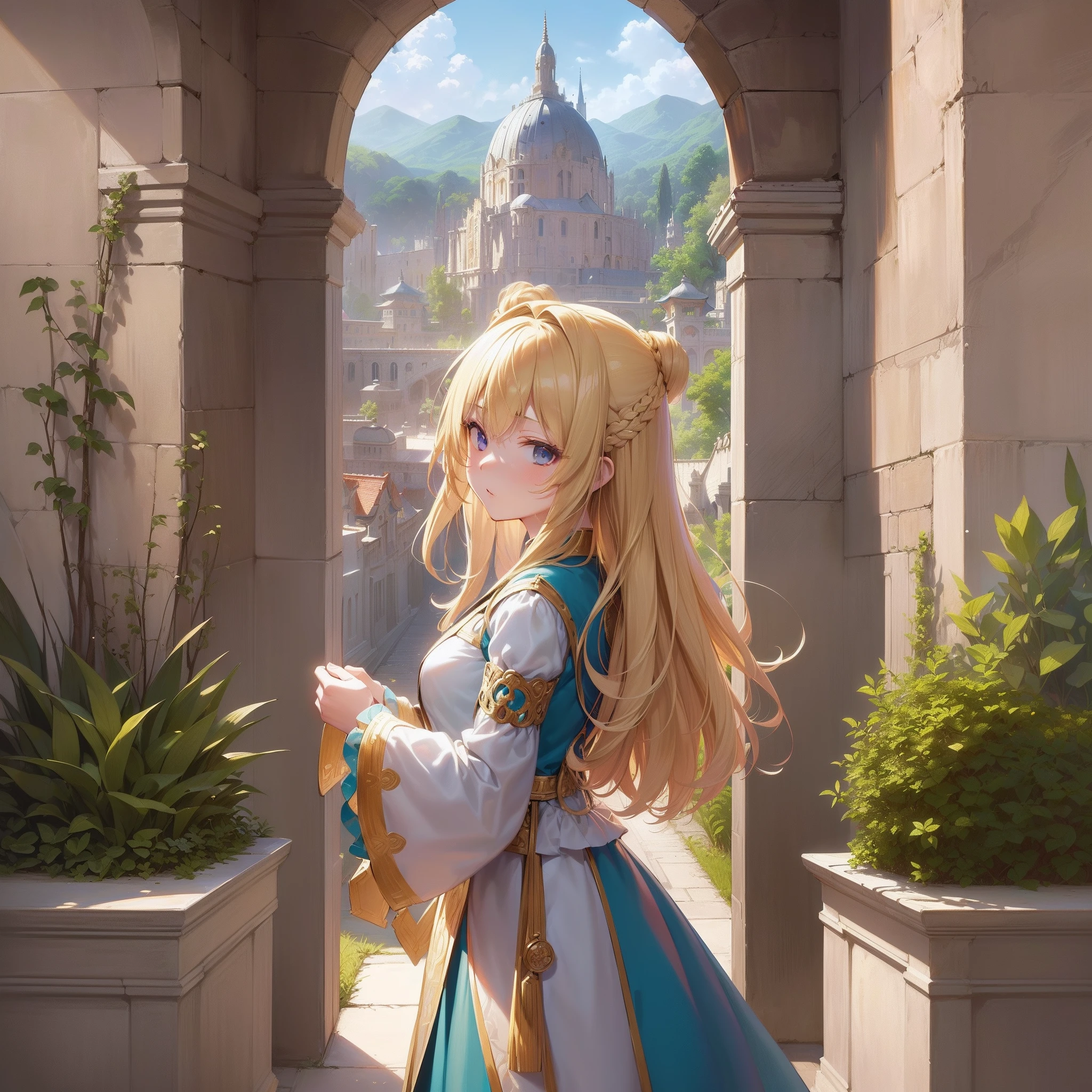 ((masutepiece)),(超A high resolution),(ultra-detailliert),Anime at its best,(Intricate and detailed palace gardens:1.4,Parti), ((femele),(Blonde hair with longitudinal rolls at the ends:1.4))