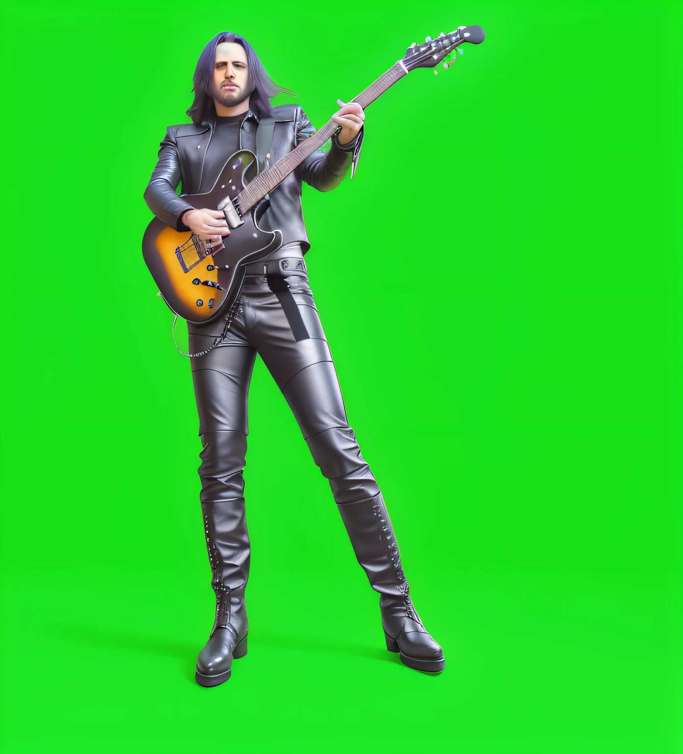 arafed man in leather pants and boots holding a guitar, green screen, green screen background, lead guitar, guitarist, solid background, photo from a promo shoot, green tone, johnny silverhand, album art, promo art, colorized background, metalhead, new album cover, metal album cover, inspired by Ren Bonian, background removed, matt mute colour background