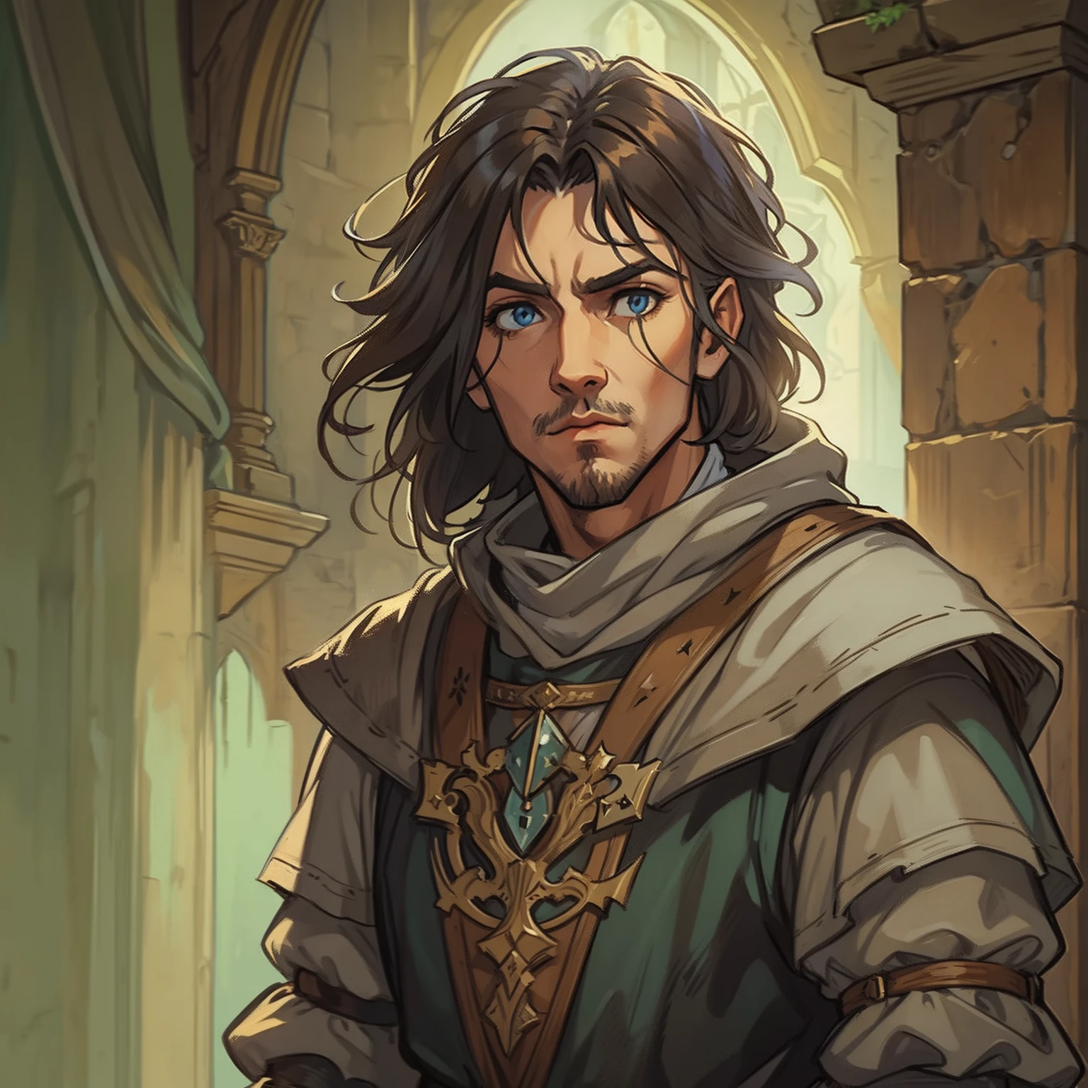 a portrait of a random character, an NPC for a medieval RPG wearing medieval costumes in a medieval art RPG art castlevania styne art a rough detail art