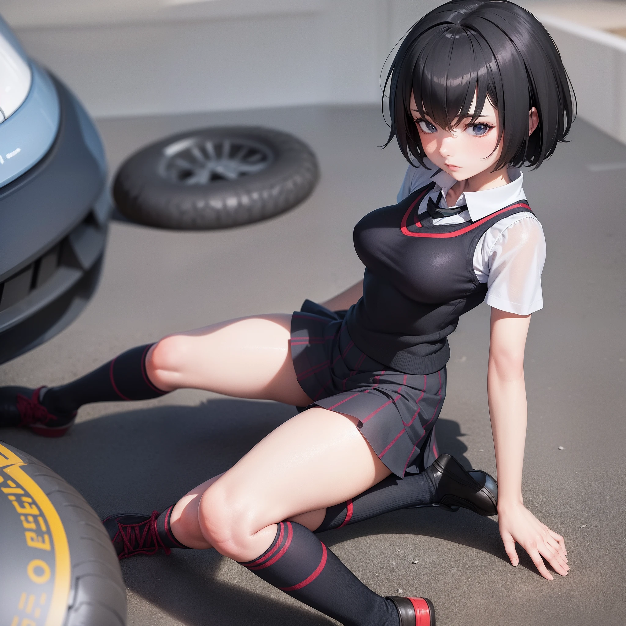 (masterpiece), best quality, expressive eyes, perfect face,skirt, peniparker, w sitting, siting on ground legs on ground, arms between legs, both arms between legs, adult looking, big breast, good breast