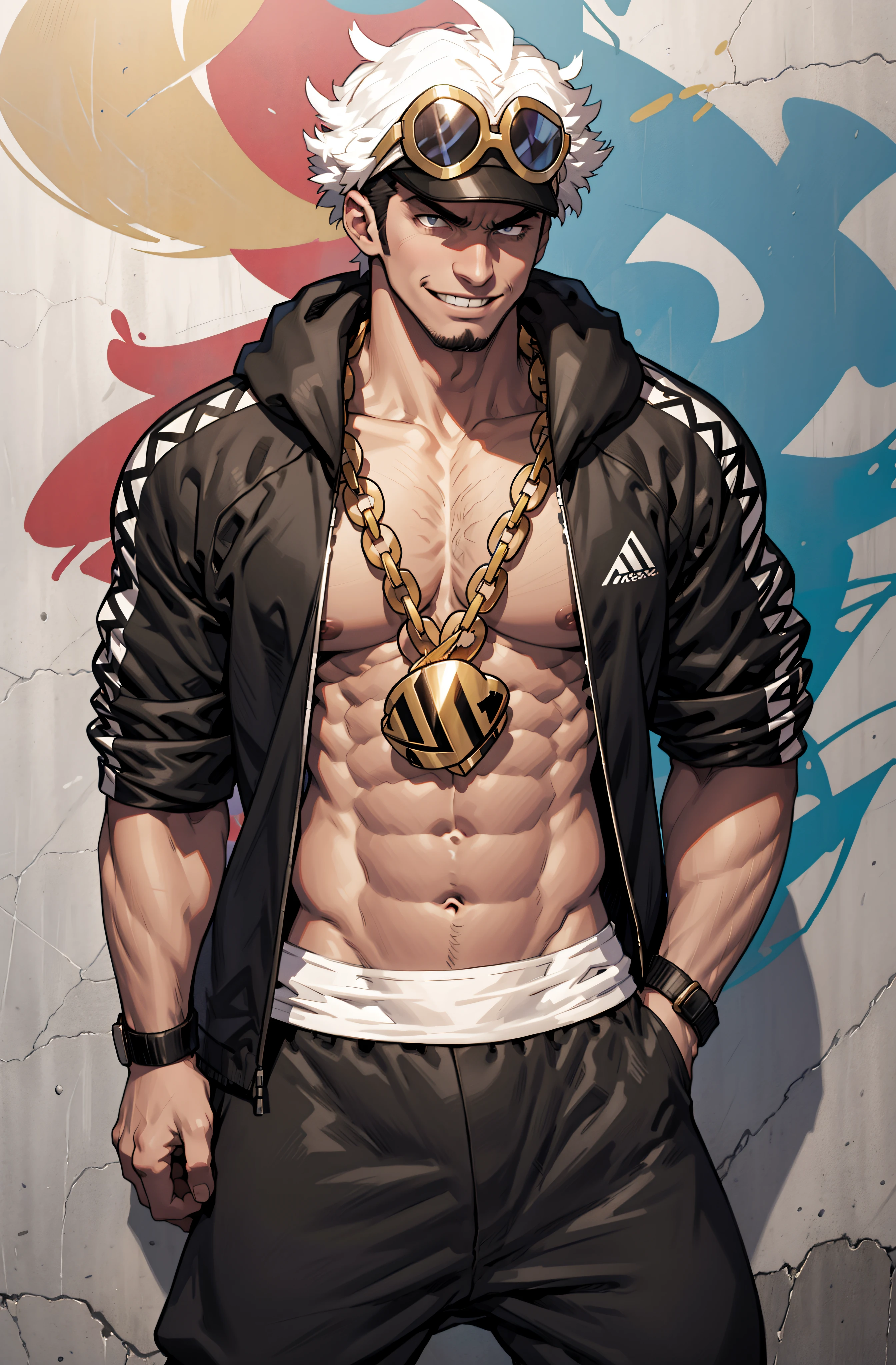 1boy,male focus,jacket,pectorals, rainbow hair green, extremely masculine muscular male, huge bulge, 8 pack abs,xl bodybuilder, rage, titan,