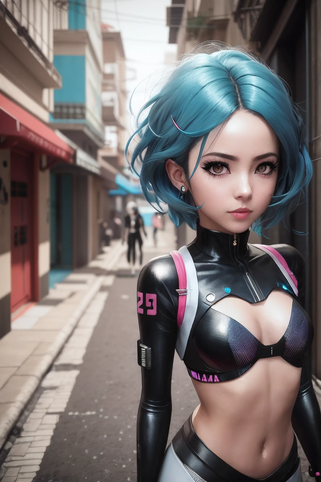 There is a woman in a black and blue outfit posing for a photo, arte digital do anime cyberpunk, Estilo anime 3D realista, de anime cyberpunk feminino, cyberpunk digital - arte de anime, 3 d render arte do caractere 8 k, meninapunk sonhadora, anime estilo 3d, garota anime cyberpunk, menina cibornito, estilo anime. 8k