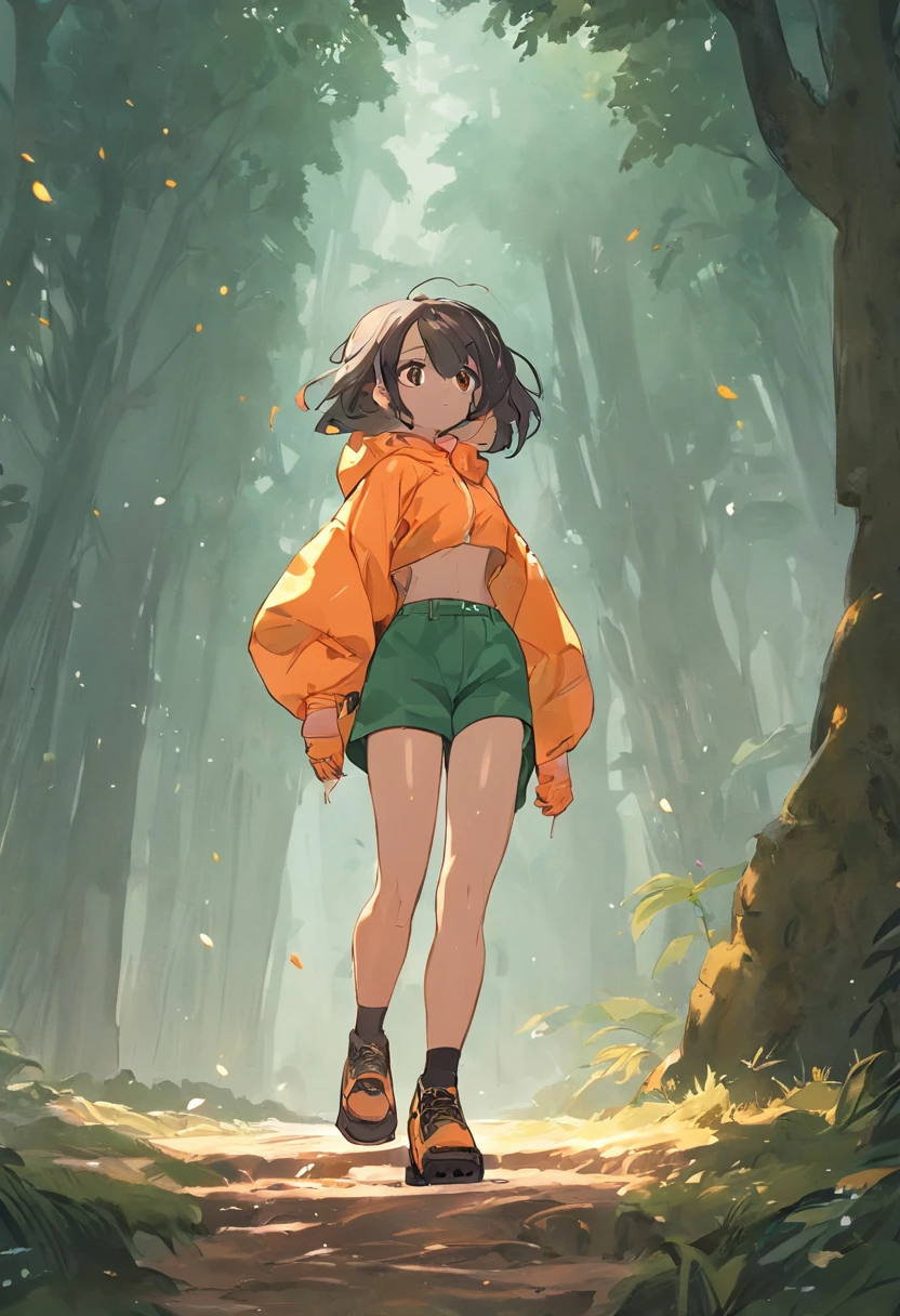 a woman walking down a cliff path with a large tree on the ground and around several bright gemstones being that the character is in a frontal pose with her hands down, e Botas de caminhada, 1girl, sozinho, cabelo preto, camiseta laranja, luva de boxe, luva de MMA, kalap, osso, chapeu de campones de palha, colar com simbolo, cabelo longo, Botas, shorts, caminhando, capa, ao ar livre, luvas sem dedos, Botas, cabelo curto, jaqueta, cabelo preto, luvas pretas, fundo branco, corpo inteiro, sorrir, shorts, cinto, corrida, Saltar, pulo, soco e chute.