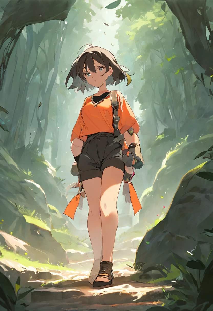 a woman walking down a cliff path with a large tree on the ground and around several bright gemstones being that the character is in a frontal pose with her hands down, e Botas de caminhada, 1girl, sozinho, cabelo preto, camiseta laranja, luva de boxe, luva de MMA, kalap, osso, chapeu de campones de palha, colar com simbolo, cabelo longo, Botas, shorts, caminhando, capa, ao ar livre, luvas sem dedos, Botas, cabelo curto, jaqueta, cabelo preto, luvas pretas, fundo branco, corpo inteiro, sorrir, shorts, cinto, corrida, Saltar, pulo, soco e chute.