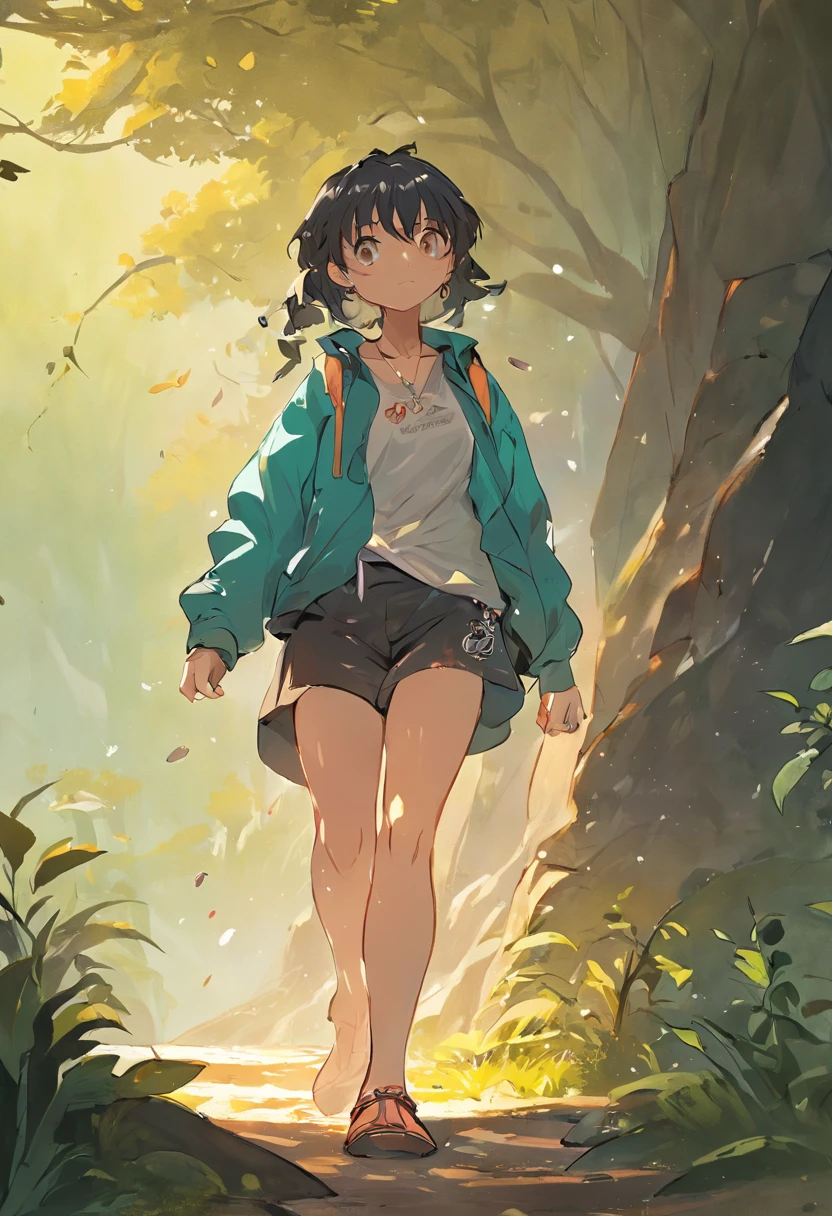 a woman walking down a cliff path with a large tree on the ground and around several bright gemstones being that the character is in a frontal pose with her hands down, e Botas de caminhada, 1girl, sozinho, cabelo preto, camiseta laranja, luva de boxe, luva de MMA, kalap, osso, chapeu de campones de palha, colar com simbolo, cabelo longo, Botas, shorts, caminhando, capa, ao ar livre, luvas sem dedos, Botas, cabelo curto, jaqueta, cabelo preto, luvas pretas, fundo branco, corpo inteiro, sorrir, shorts, cinto, corrida, Saltar, pulo, soco e chute.